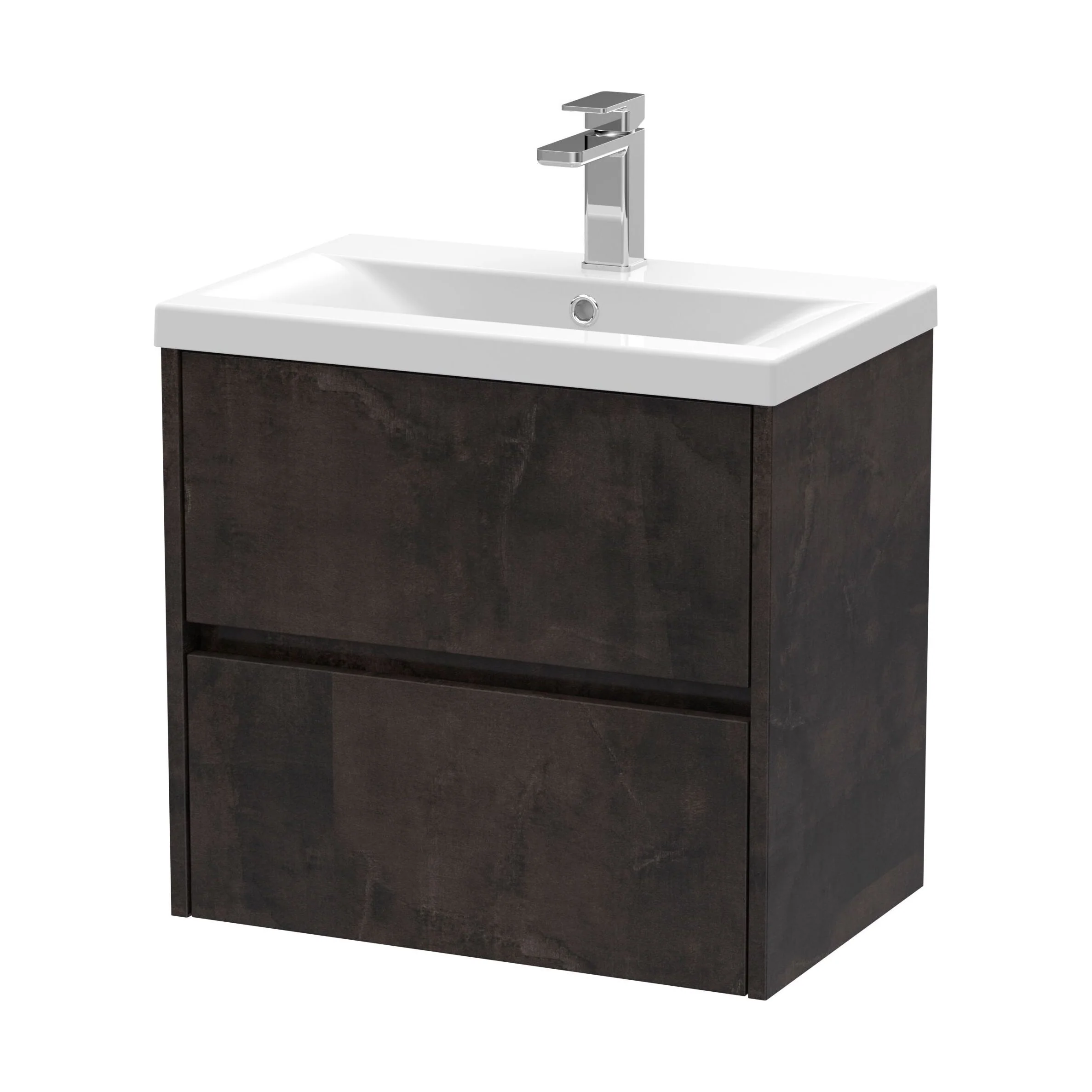 Square Wall Hung 2 Drawer Vanity Unit & Ceramic Basin, 600mm - Textured Matt Metallic Slate
