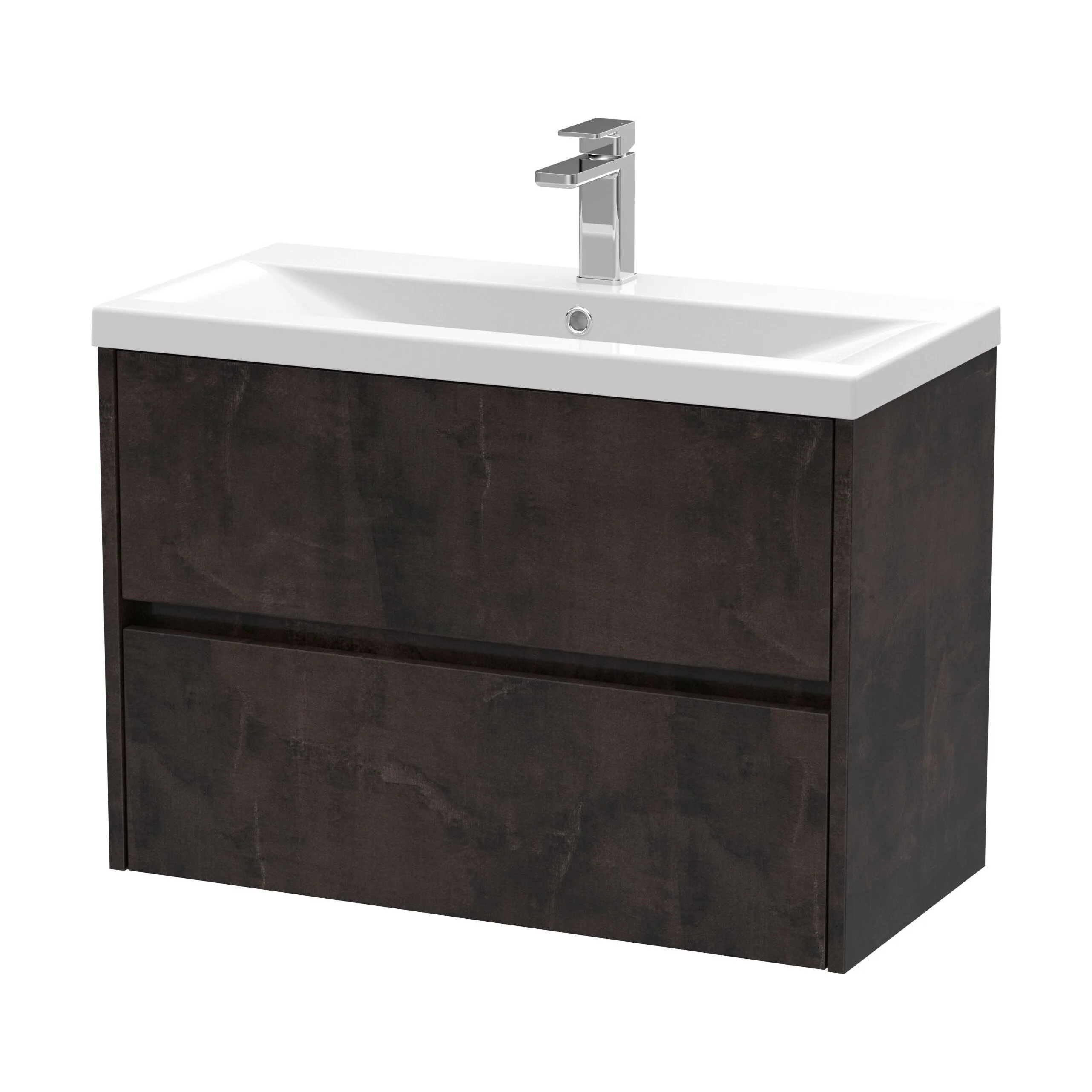 Square Wall Hung 2 Drawer Vanity Unit & Ceramic Basin, 800mm - Textured Matt Metallic Slate