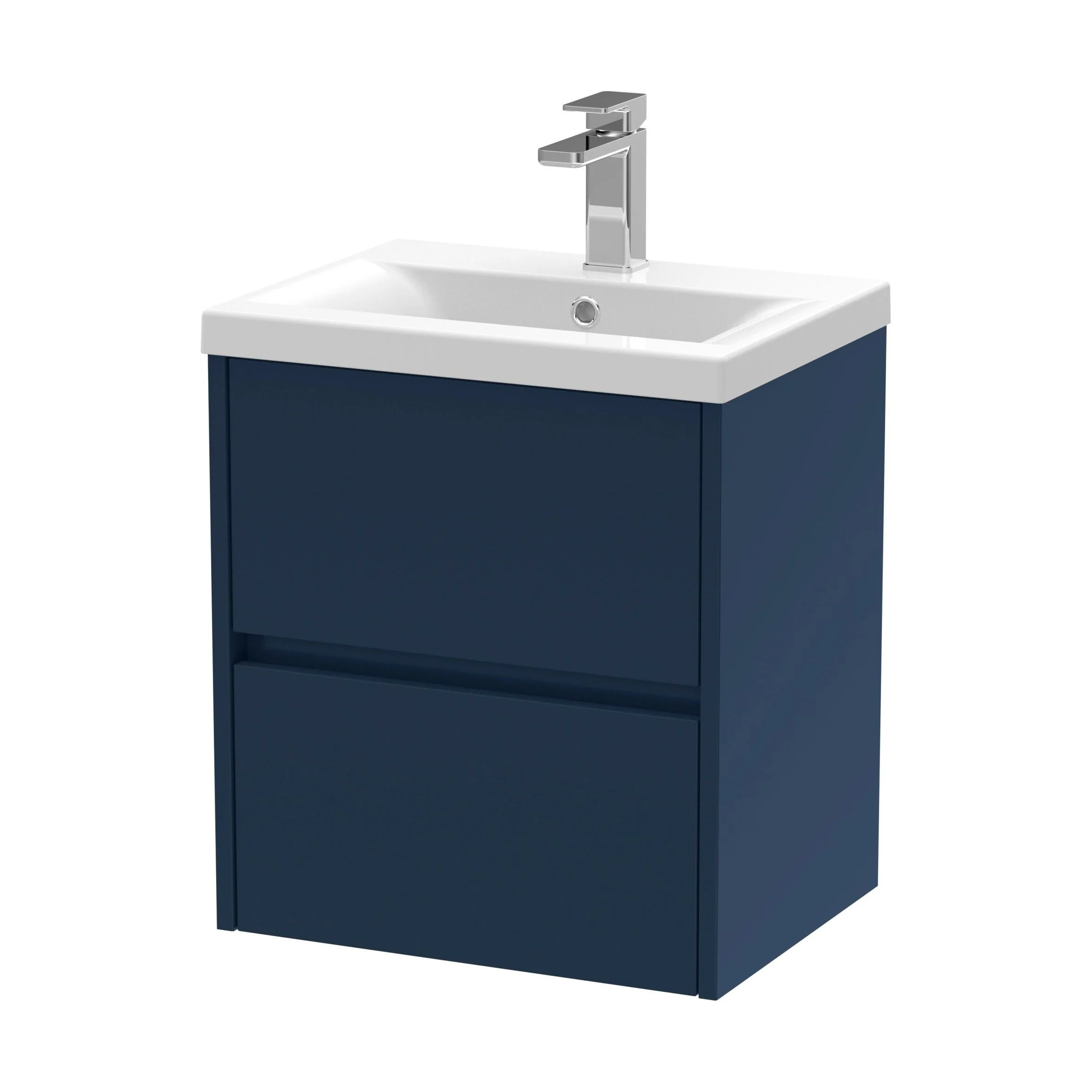 Square Wall Hung 2 Drawer Vanity Unit & Ceramic Basin, 500mm - Midnight Blue