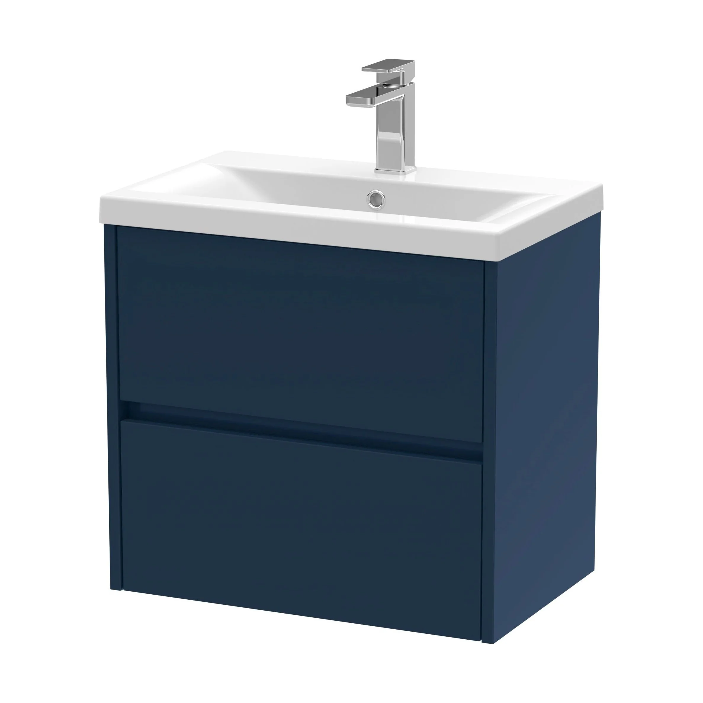 Square Wall Hung 2 Drawer Vanity Unit & Ceramic Basin, 600mm - Midnight Blue