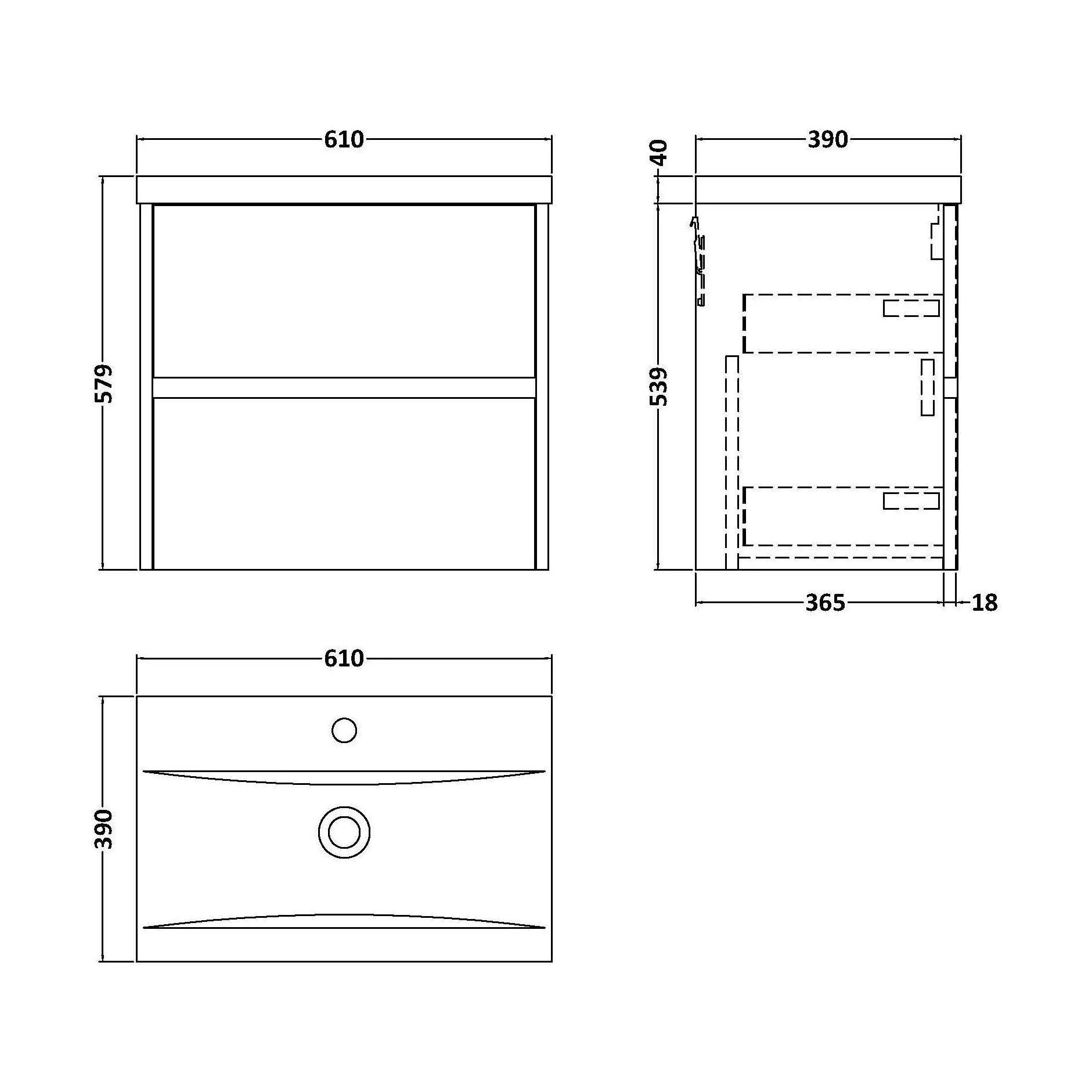 Square Wall Hung 2 Drawer Vanity Unit & Ceramic Basin, 600mm - Midnight Blue - Image 2