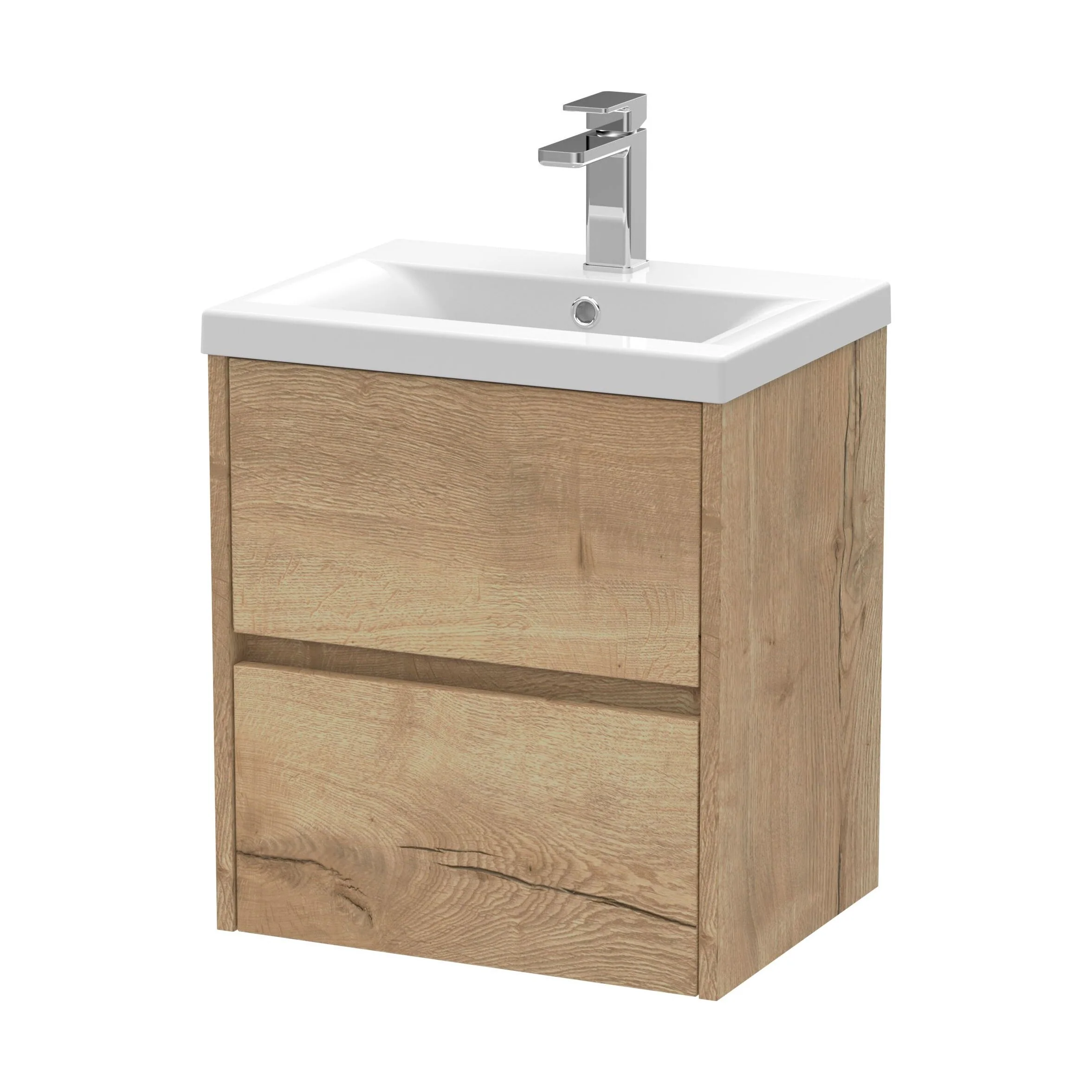 Edge Square Wall Hung 2 Drawer Vanity Unit & Ceramic Basin, 500mm - Woodgrain Autumn Oak - Balterley