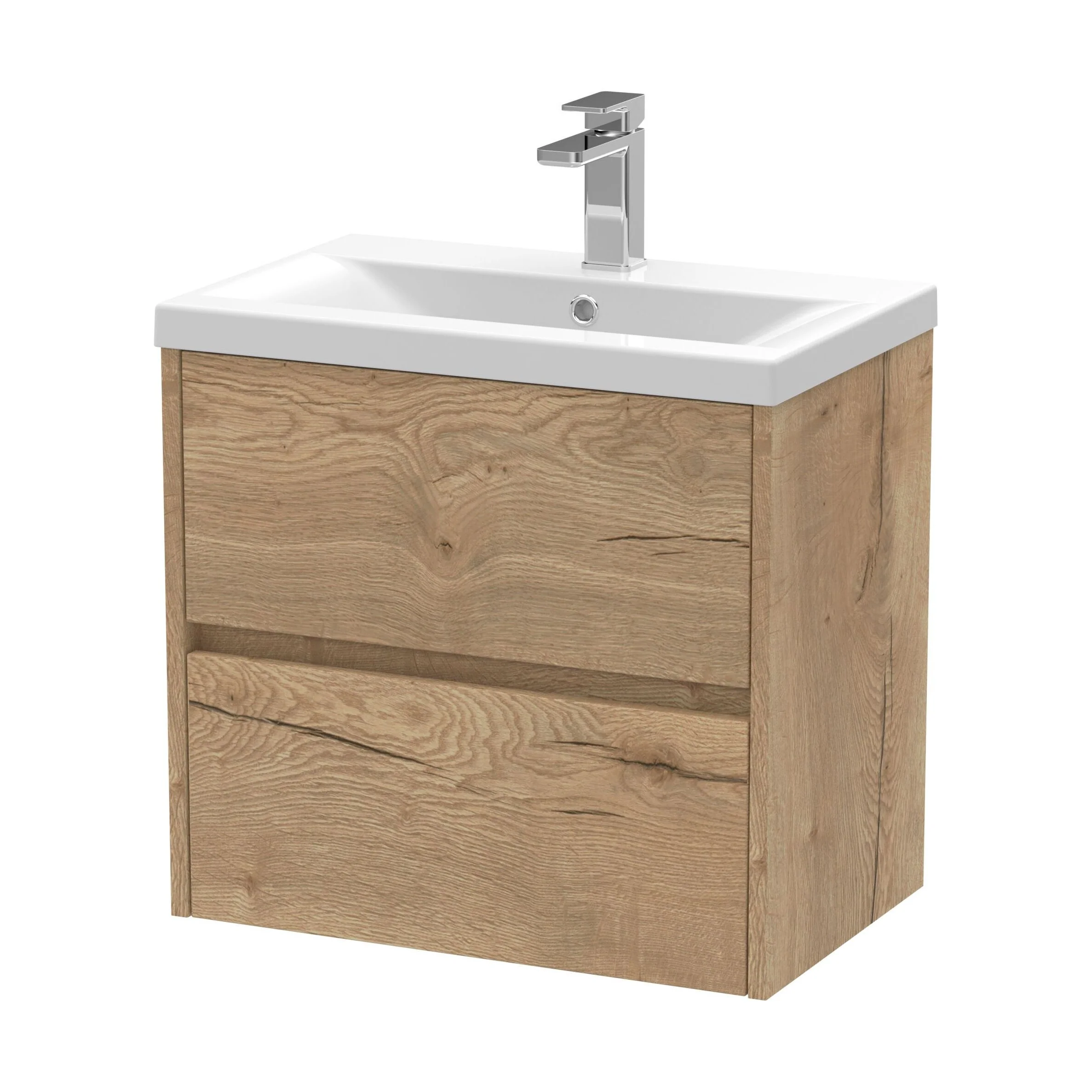 Edge Square Wall Hung 2 Drawer Vanity Unit & Ceramic Basin, 600mm - Woodgrain Autumn Oak - Balterley
