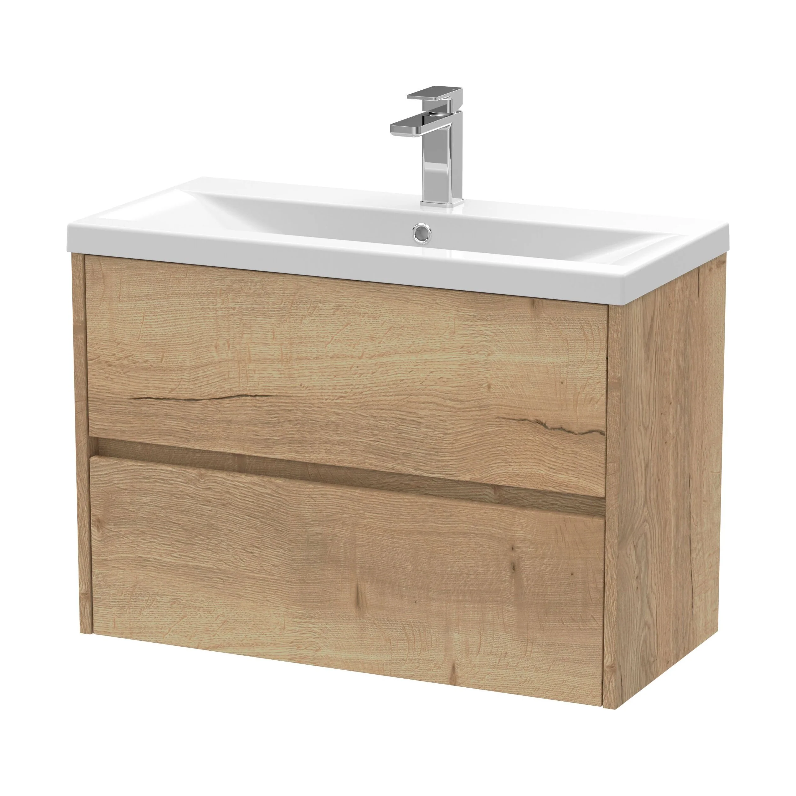 Edge Square Wall Hung 2 Drawer Vanity Unit & Ceramic Basin, 800mm - Woodgrain Autumn Oak - Balterley