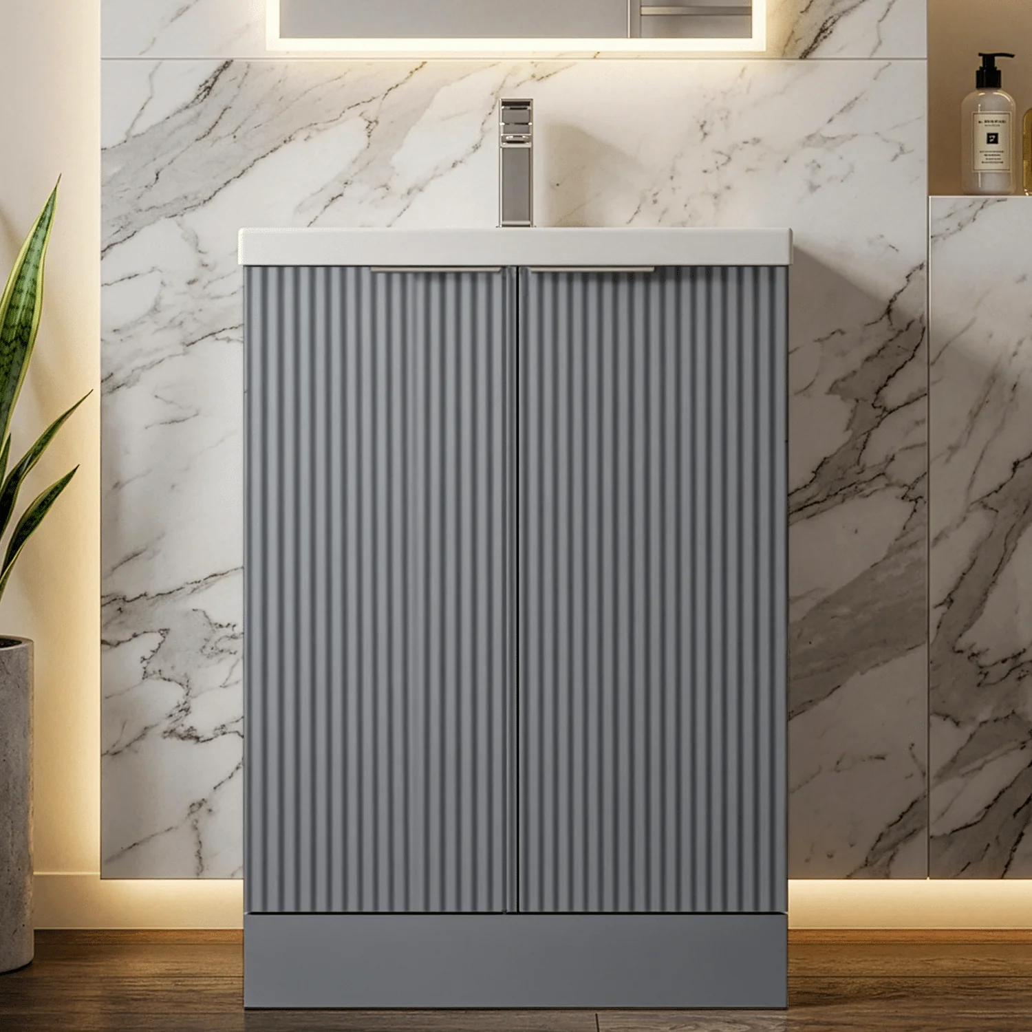 Balterley Fluted Front Floor Standing 2 Door Vanity Basin Unit with Ceramic Basin 600mm - Satin Grey