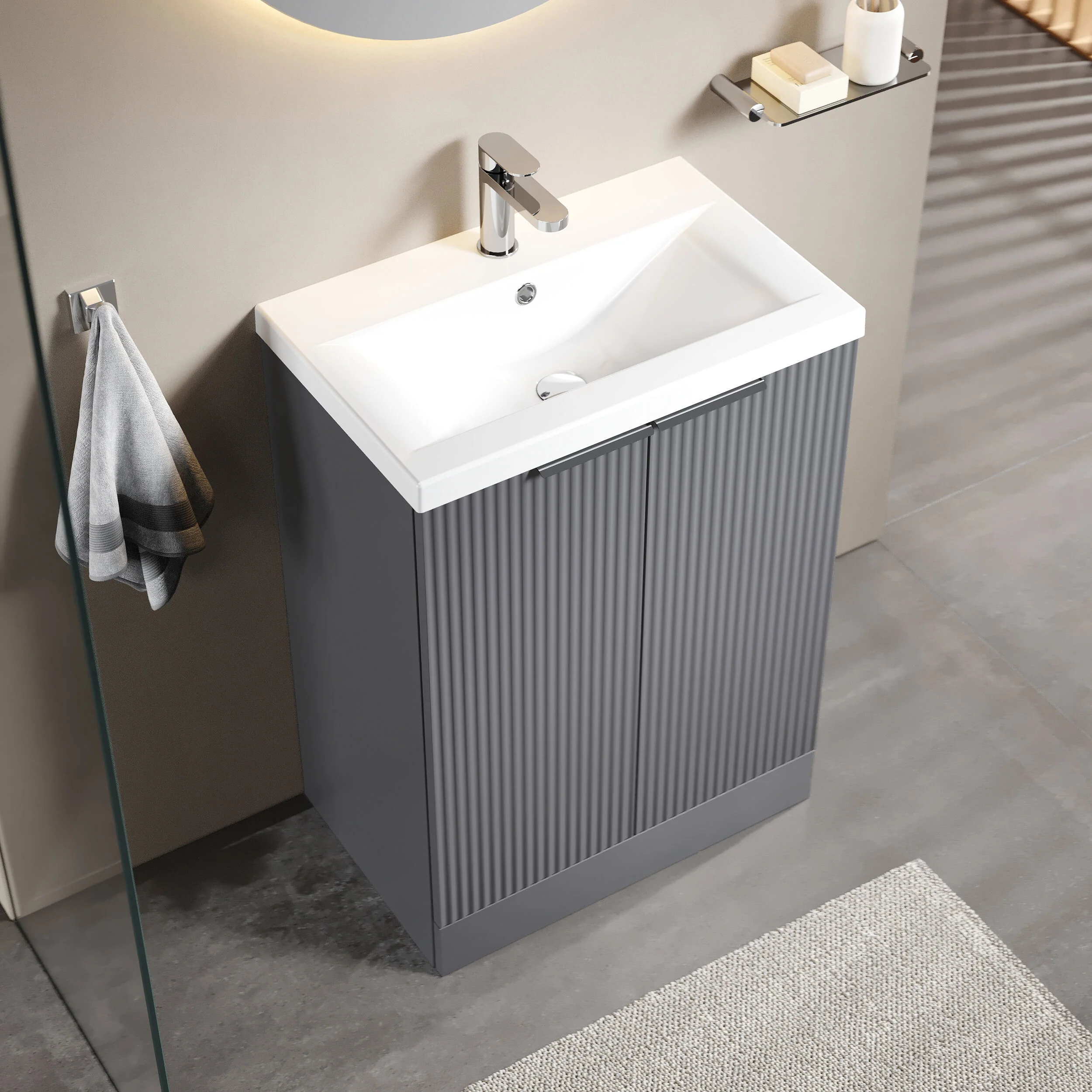 Balterley Fluted Front Floor Standing 2 Door Vanity Basin Unit with Ceramic Basin 600mm - Satin Grey - Image 3