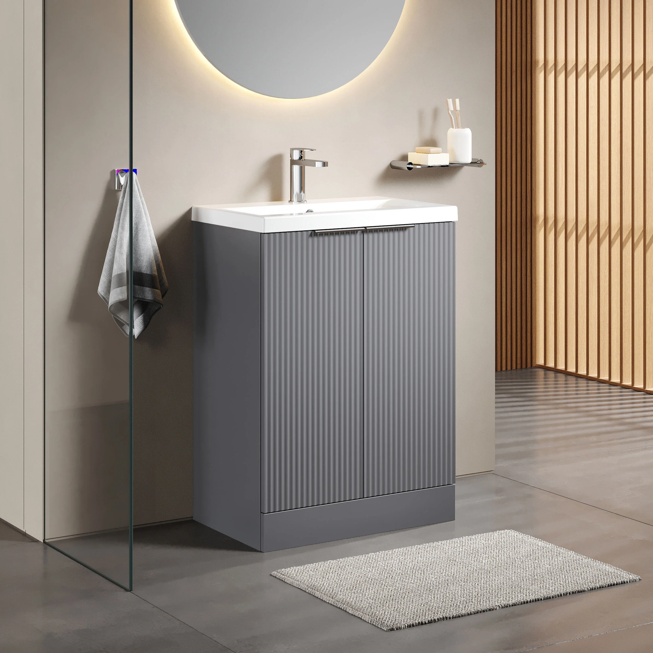 Balterley Fluted Front Floor Standing 2 Door Vanity Basin Unit with Ceramic Basin 600mm - Satin Grey - Image 4