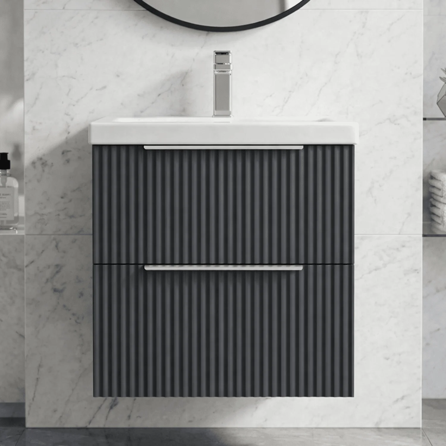 Tixall Fluted Front Wall Hung Vanity Basin Unit 800mm - 2 Drawer - Image 2