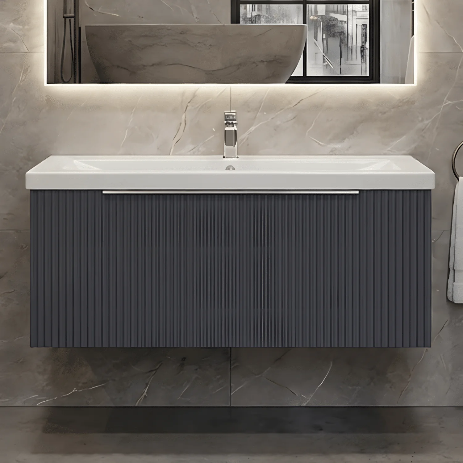 Tixall Fluted Front Wall Hung Vanity Basin Unit 800mm - 2 Drawer - Image 8