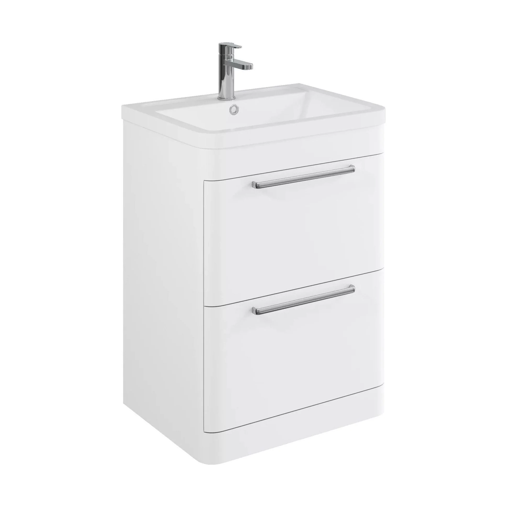 Balterley Contemporary Bathroom Floor Standing Vanity with 2 Soft Close Drawers & 1 Tap Hole Polymarble Basin, Gloss White, 600mm