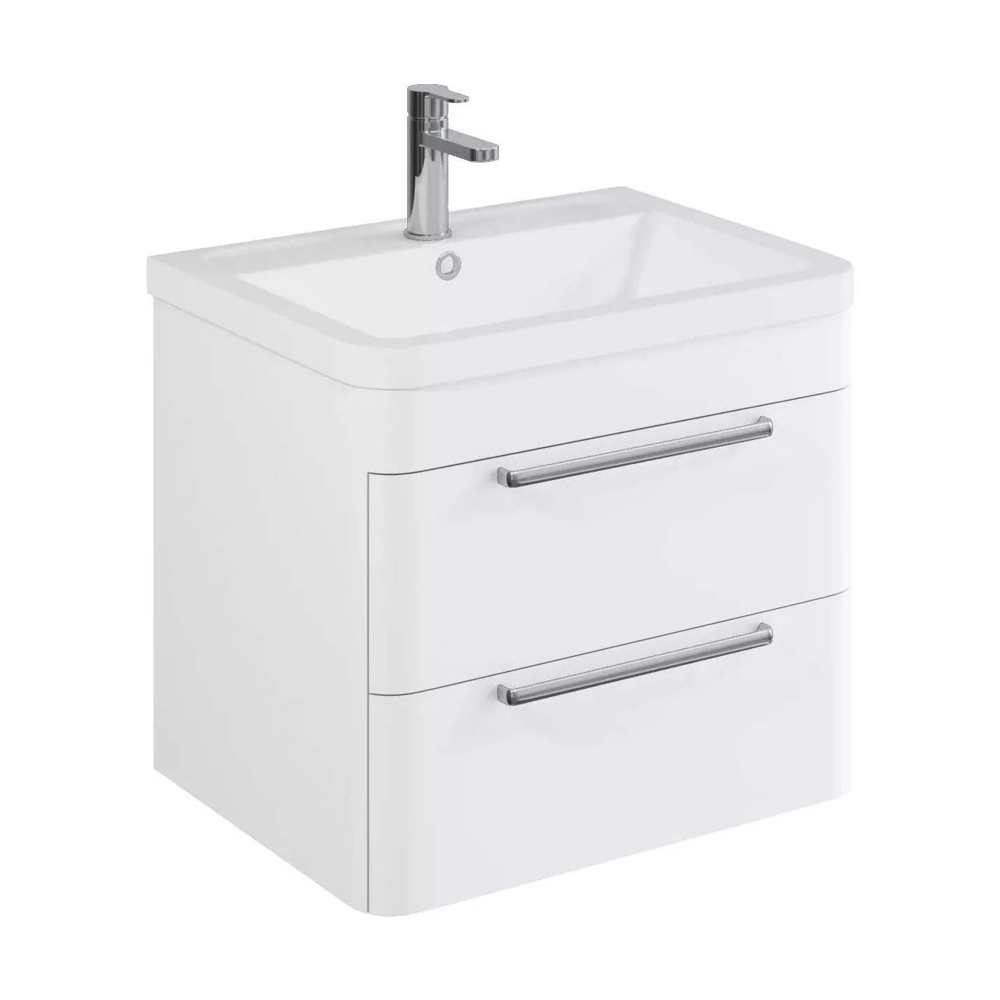Balterley Contemporary Bathroom Wall Hung Vanity Unit with 2 Soft Close Drawers & 1 Tap Hole Ceramic Basin, Gloss White, 600mm