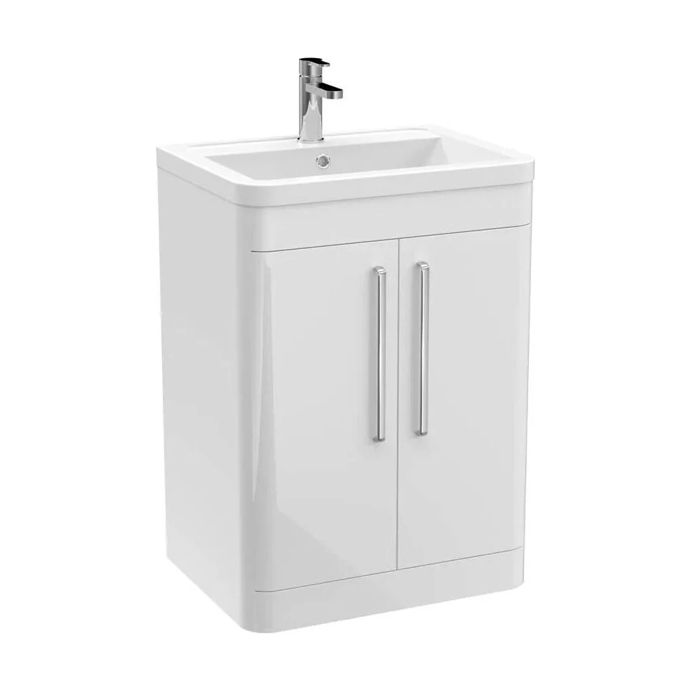 Balterley Contemporary Bathroom Floor Standing Vanity Unit with 2 Soft Close Doors & 1 Tap Hole Ceramic Basin, Gloss White, 600mm