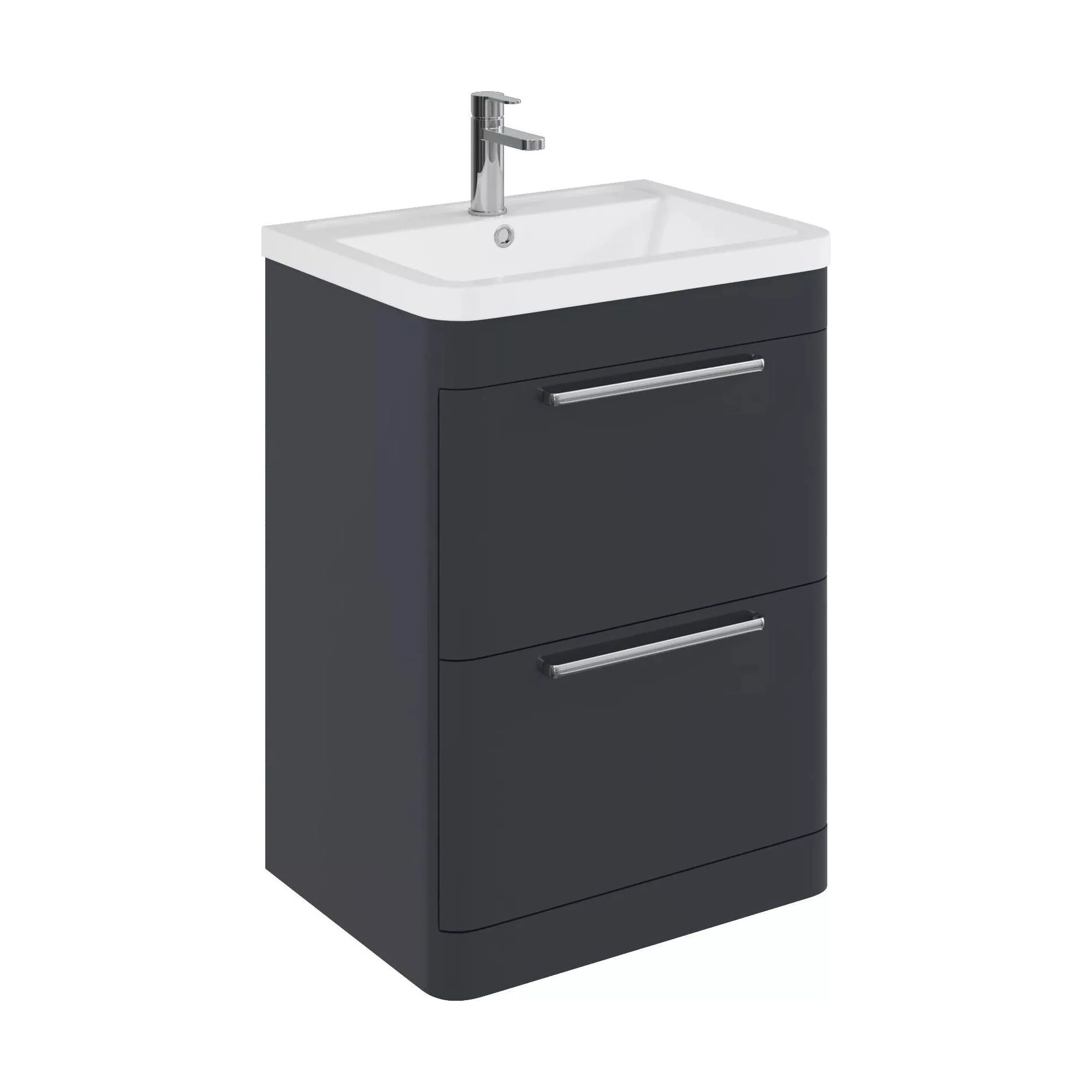 Balterley Contemporary Bathroom Floor Standing Vanity Unit with 2 Soft Close Drawers & 1 Tap Hole Ceramic Basin, Dark Grey, 600mm