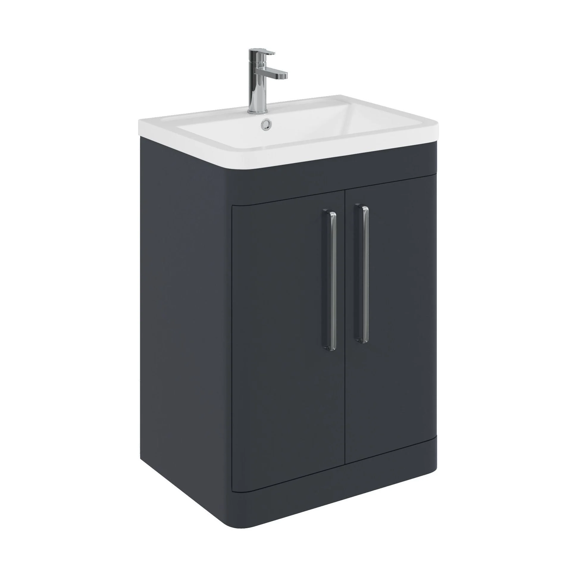 Balterley Contemporary Bathroom Floor Standing Vanity Unit with 2 Soft Close Doors & 1 Tap Hole Polymarble Basin, Dark Grey, 600mm