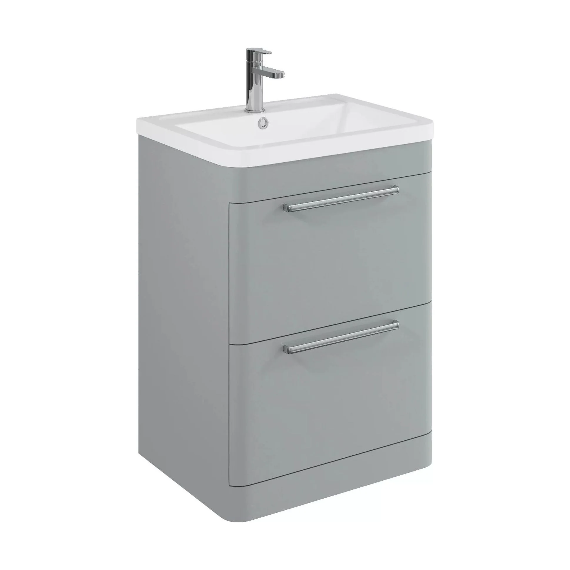 Balterley Contemporary Bathroom Floor Standing Vanity with 2 Soft Close Drawers & 1 Tap Hole Polymarble Basin, Satin Grey, 600mm