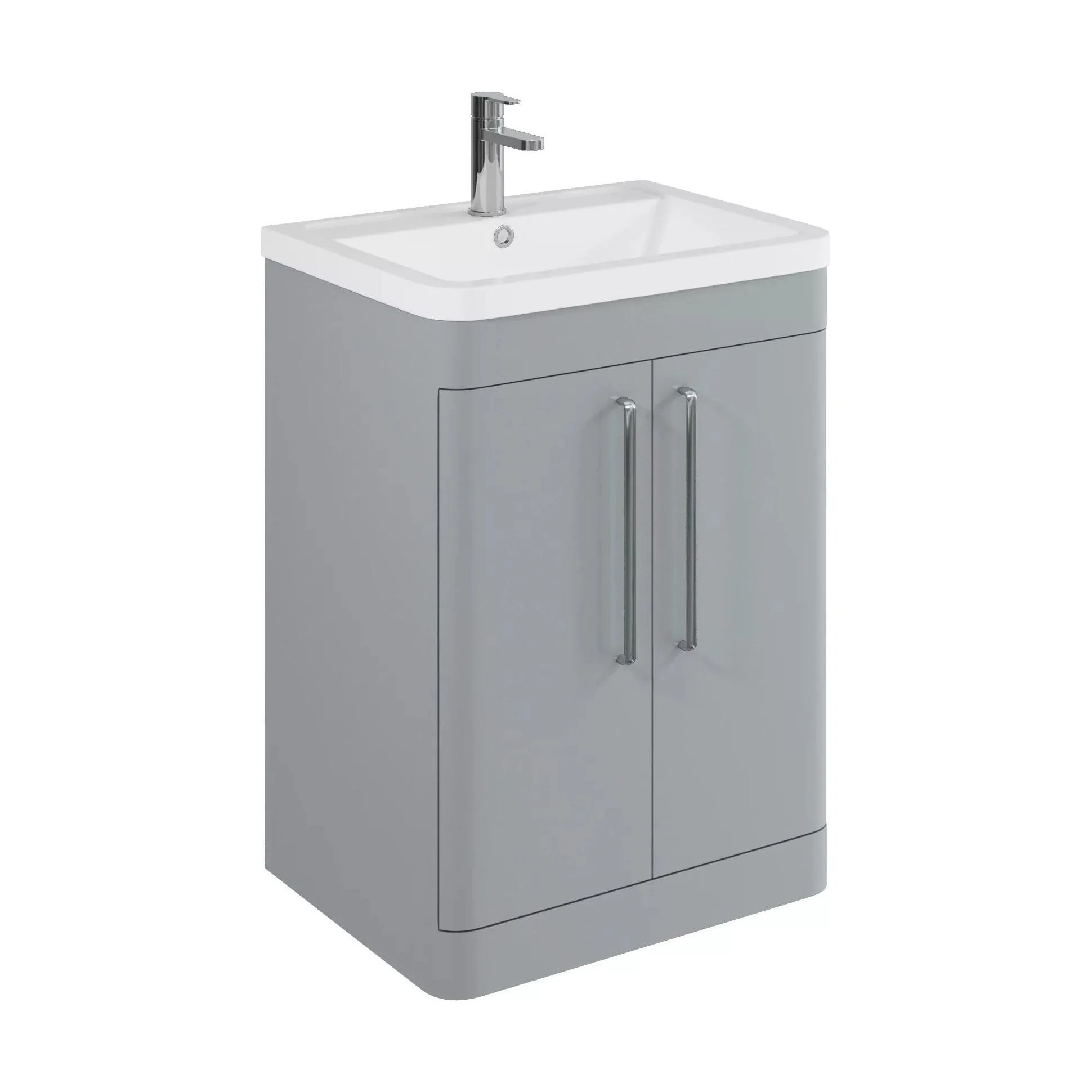 Balterley Contemporary Bathroom Floor Standing Vanity Unit with 2 Soft Close Doors & 1 Tap Hole Polymarble Basin, Satin Grey 600mm