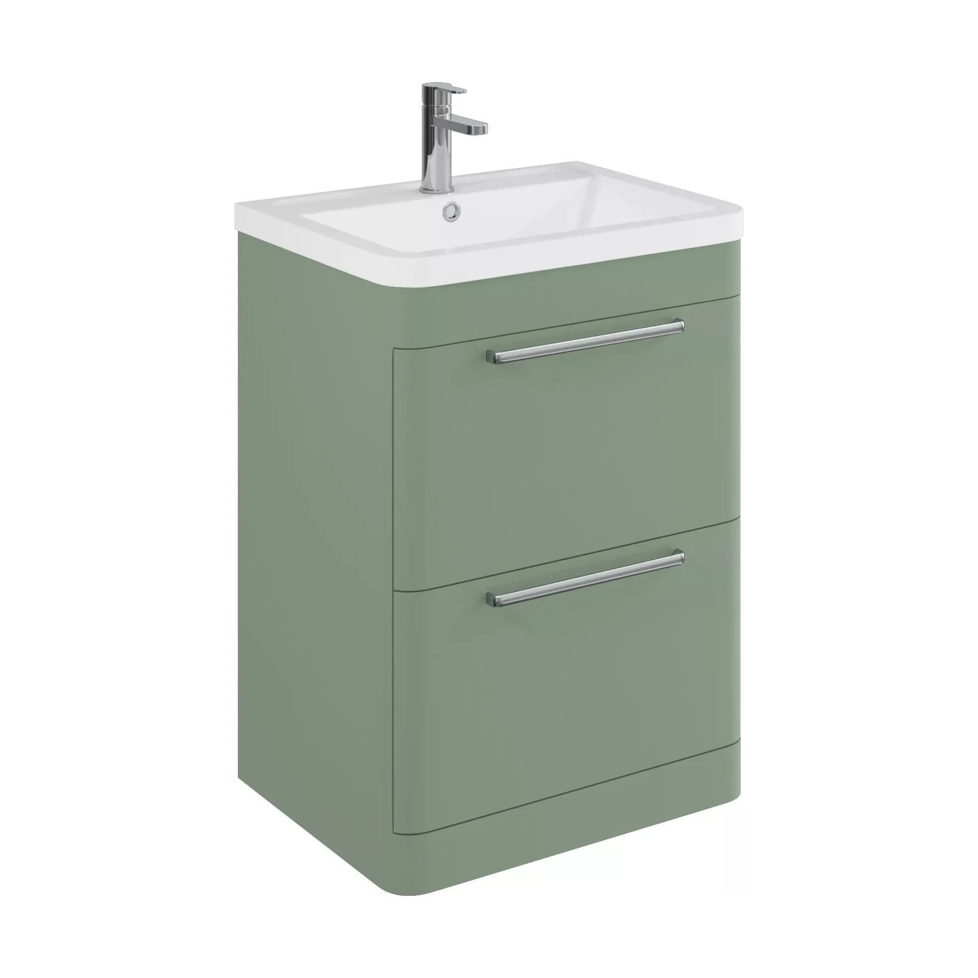 Balterley Contemporary Bathroom Floor Standing Vanity with 2 Soft Close Drawers & 1 Tap Hole Polymarble Basin, Satin Green, 600mm