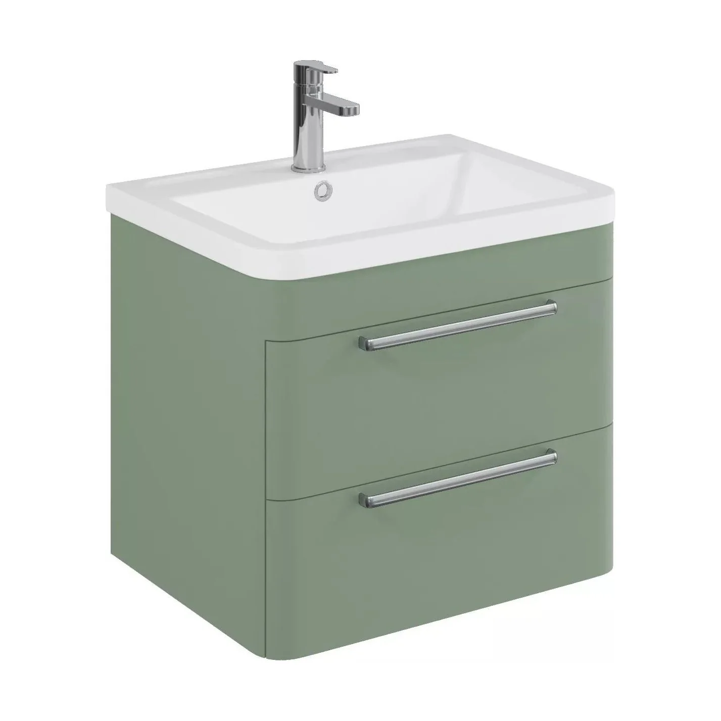 Balterley Contemporary Bathroom Wall Hung Vanity Unit with 2 Soft Close Drawers & 1 Tap Hole Ceramic Basin, Satin Green, 600mm