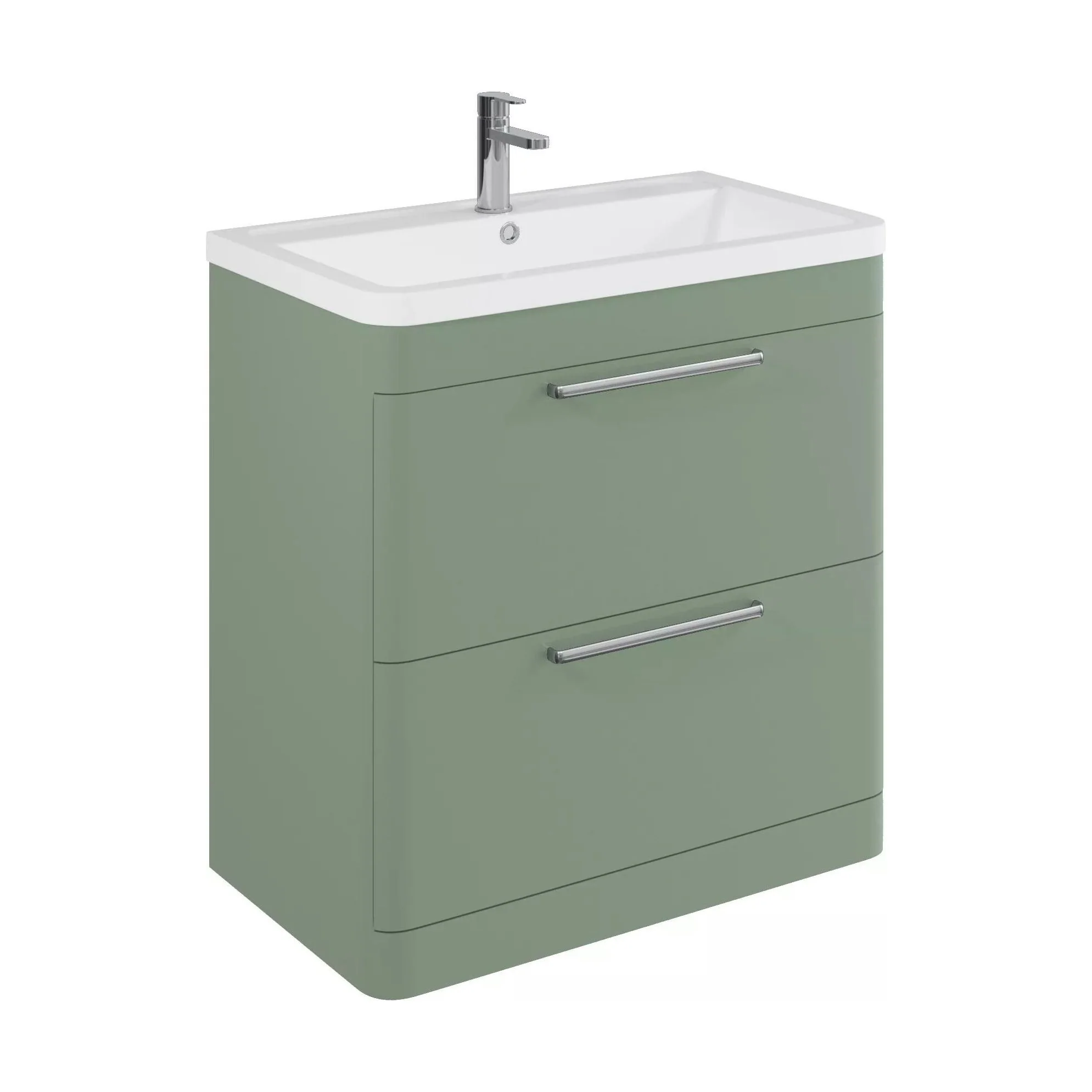 Balterley Contemporary Bathroom Floor Standing Vanity with 2 Soft Close Drawers & 1 Tap Hole Polymarble Basin, Satin Green, 800mm