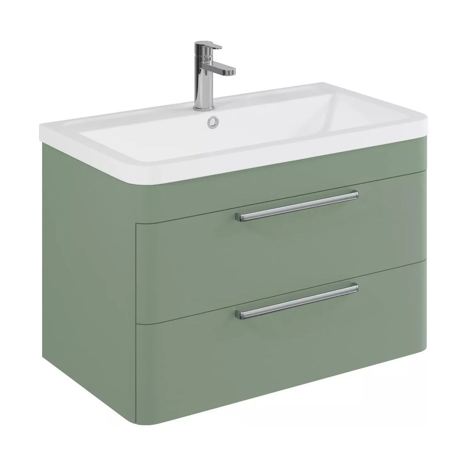 Balterley Contemporary Wall-Hung Bathroom Vanity with 2 Drawers & 1 Tap Hole Polymarble Basin, Satin Green, 800mm