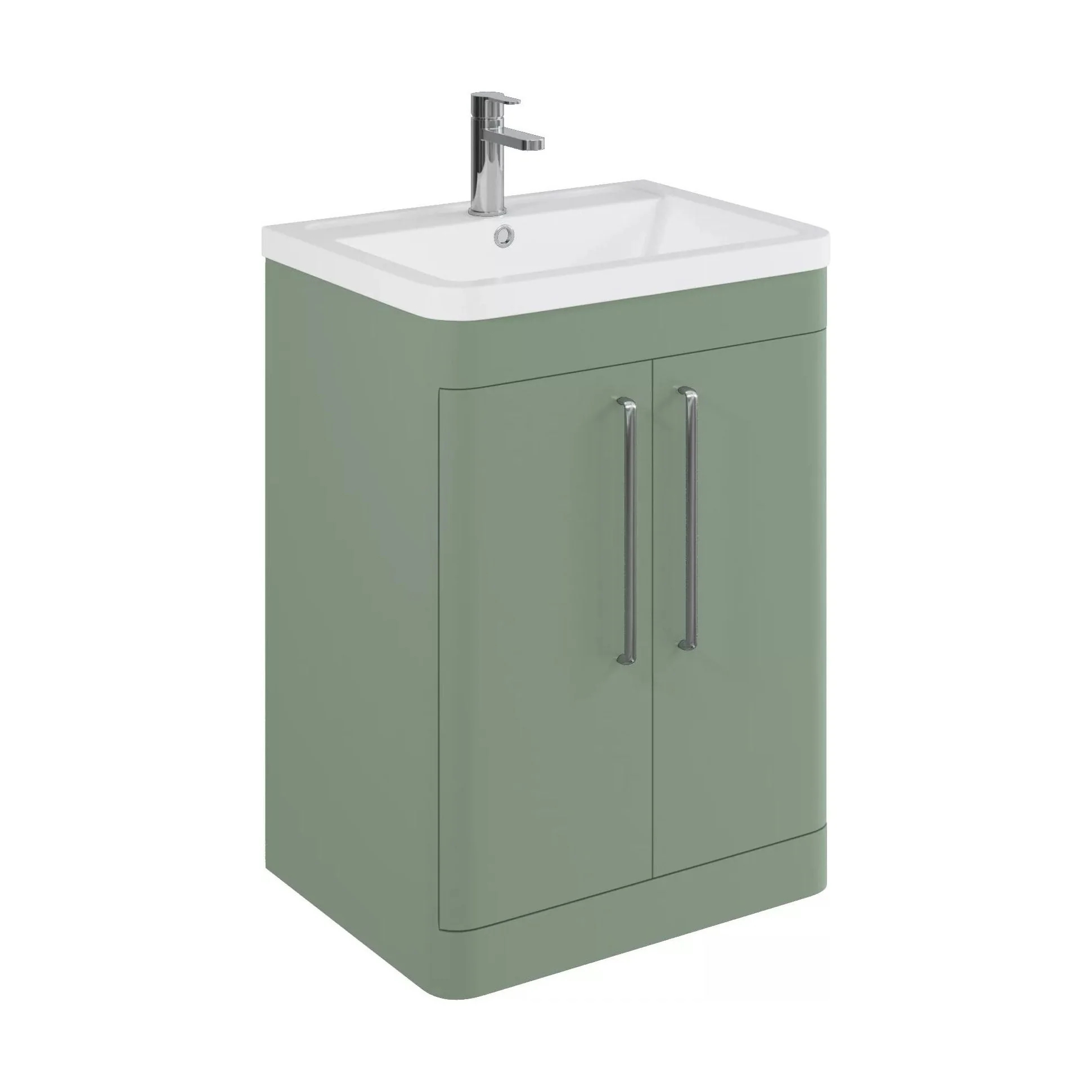 Balterley Contemporary Bathroom Floor Standing Vanity Unit with 2 Soft Close Doors & 1 Tap Hole Ceramic Basin, Satin Green, 600mm