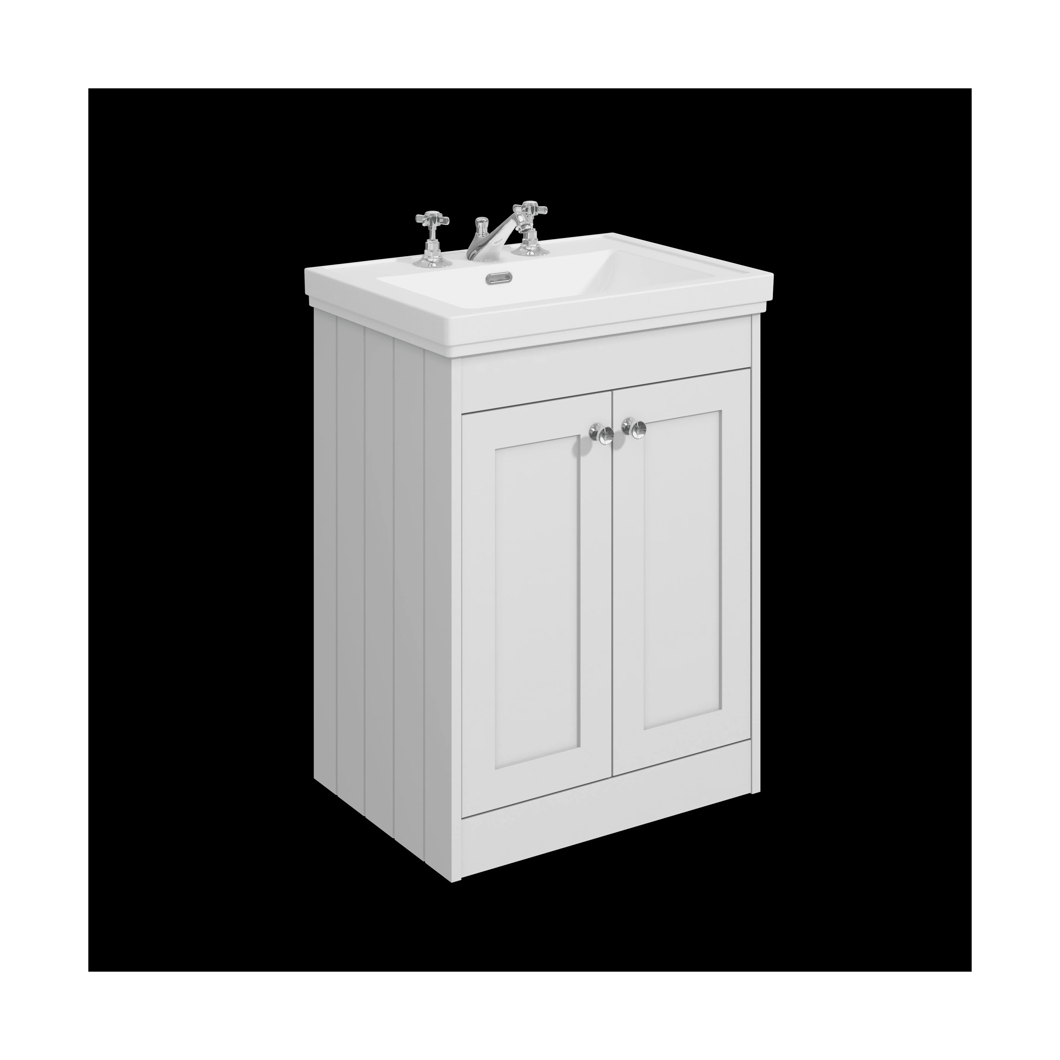 Balterley 600mm Floor Standing 2 Door Unit with Classic Basin 3 Tap Hole - Satin White