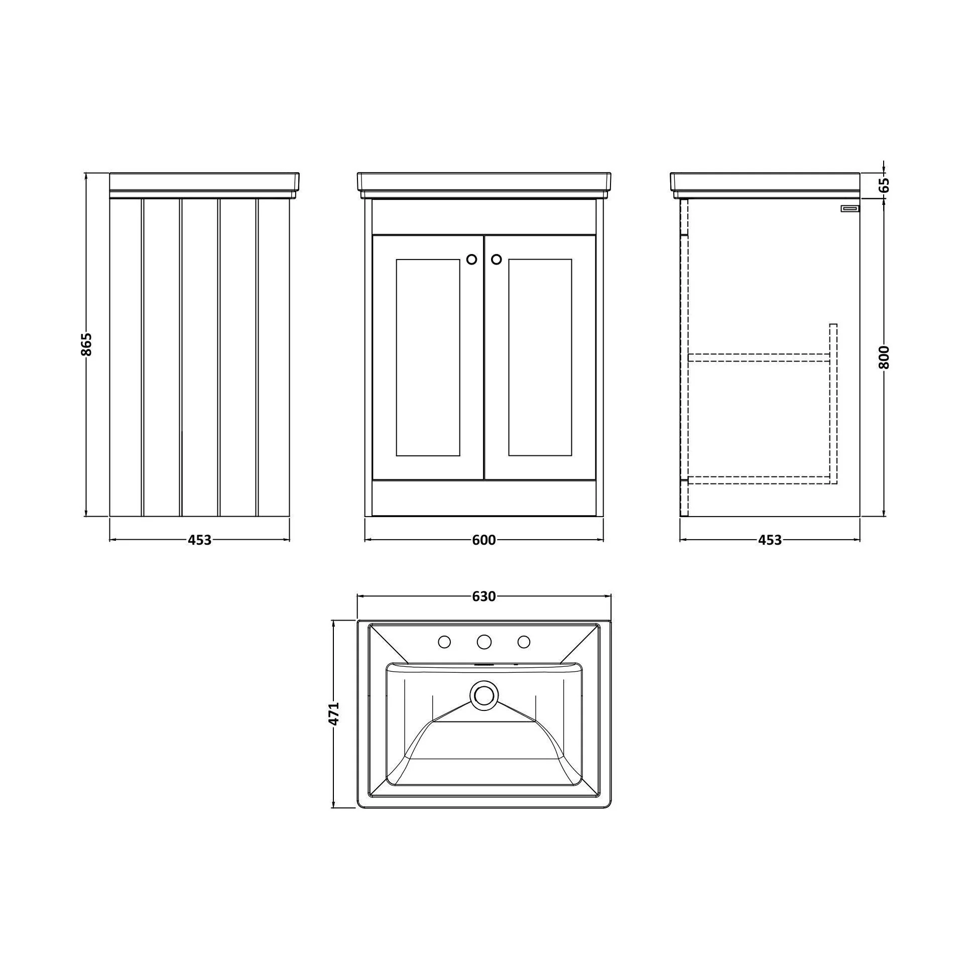 Balterley 600mm Floor Standing 2 Door Unit with Classic Basin 3 Tap Hole - Satin White - Image 2