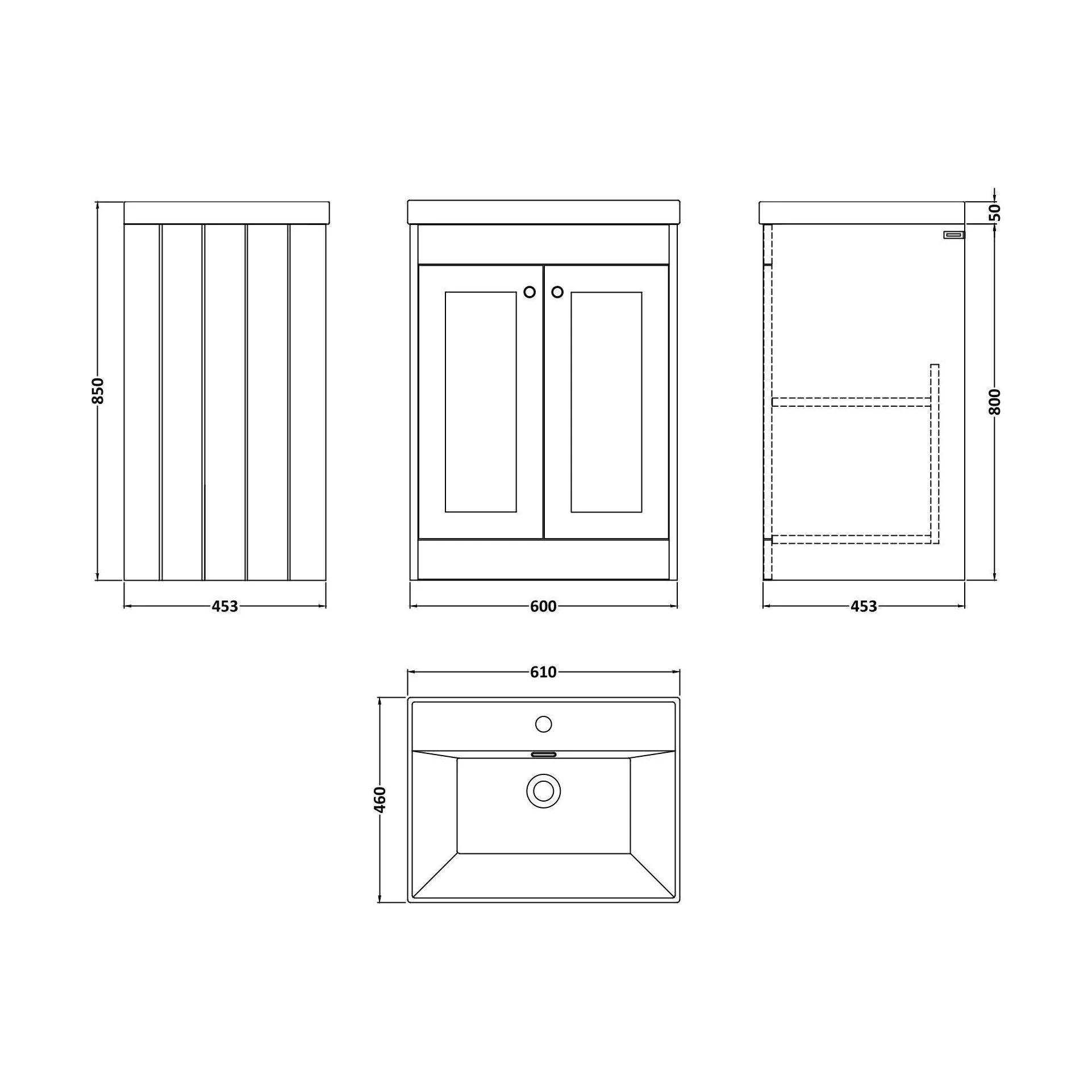 Balterley 600mm Floor Standing 2 Door Unit with Thin Edge Basin 1 Tap Hole - Satin White - Image 2