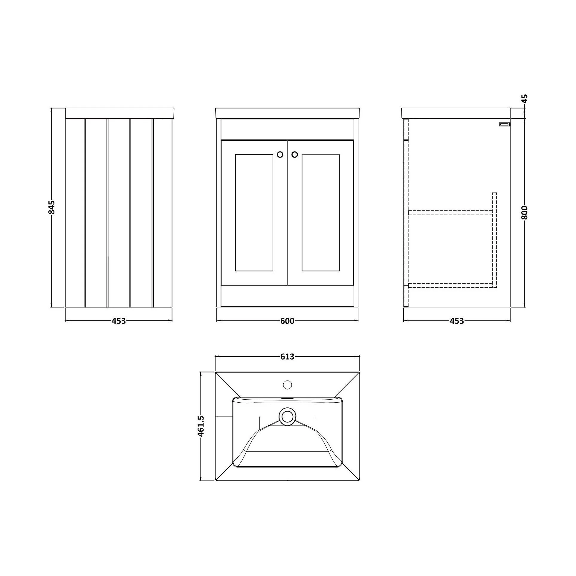 Balterley 600mm Floor Standing 2 Door Unit with Minimalist Basin 1 Tap Hole - Satin White - Image 2
