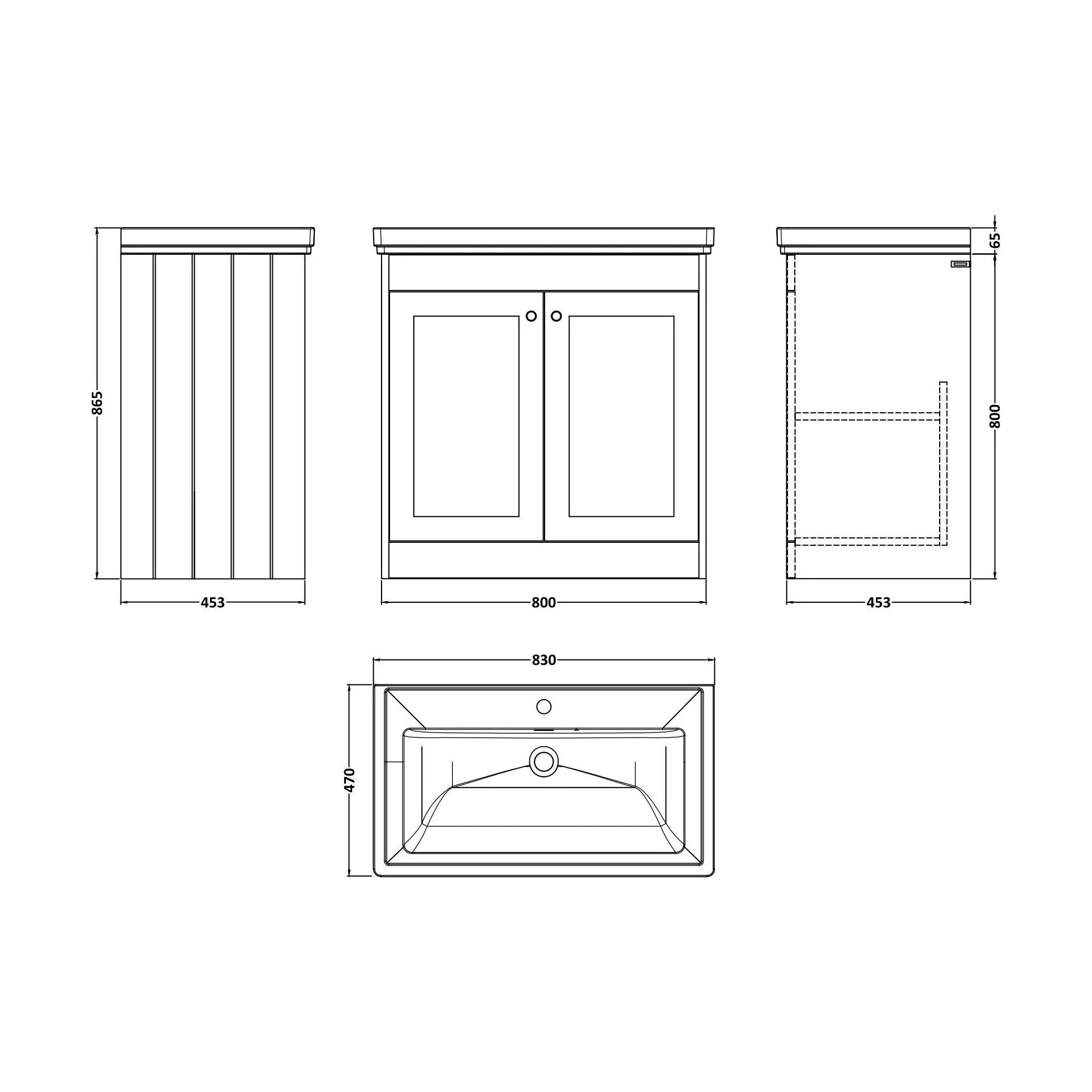 Balterley 800mm Floor Standing 2 Door Unit with Classic Basin 1 Tap Hole - Satin White - Image 2