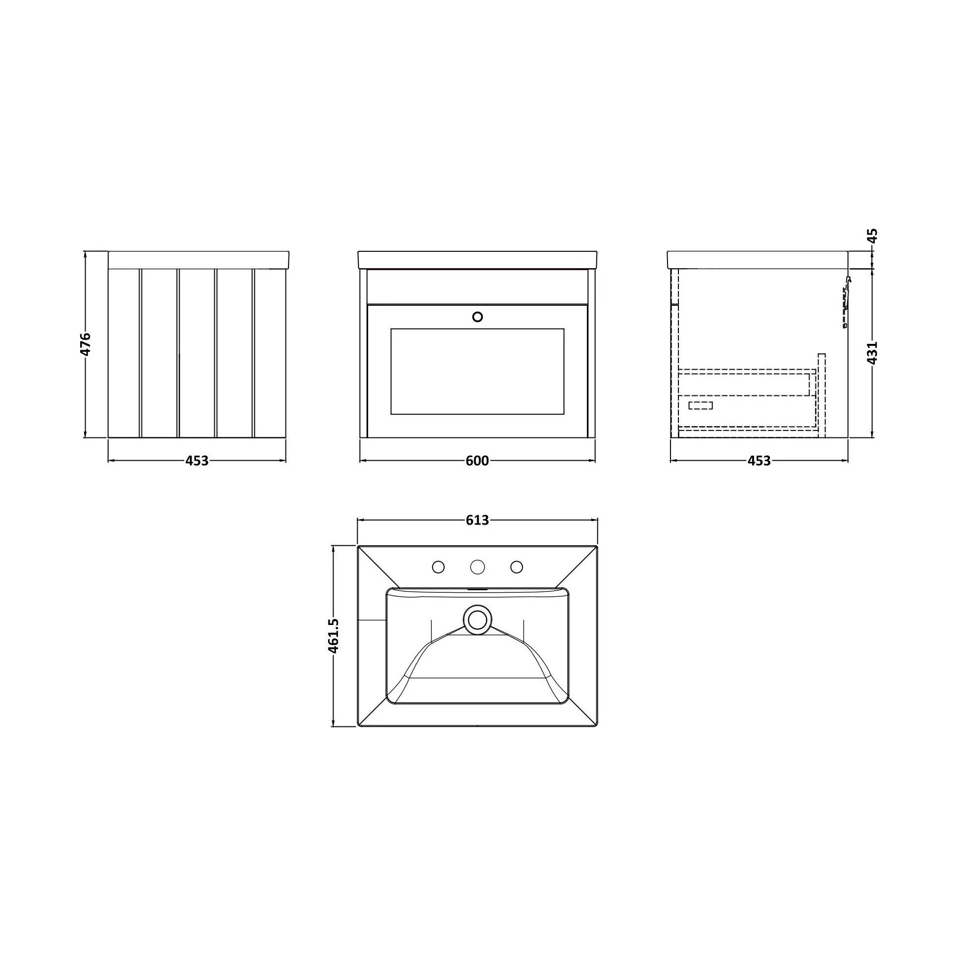 Balterley 600mm Wall Hung 1 Drawer Unit with Minimalist Basin 3 Tap Hole - Satin White - Image 2
