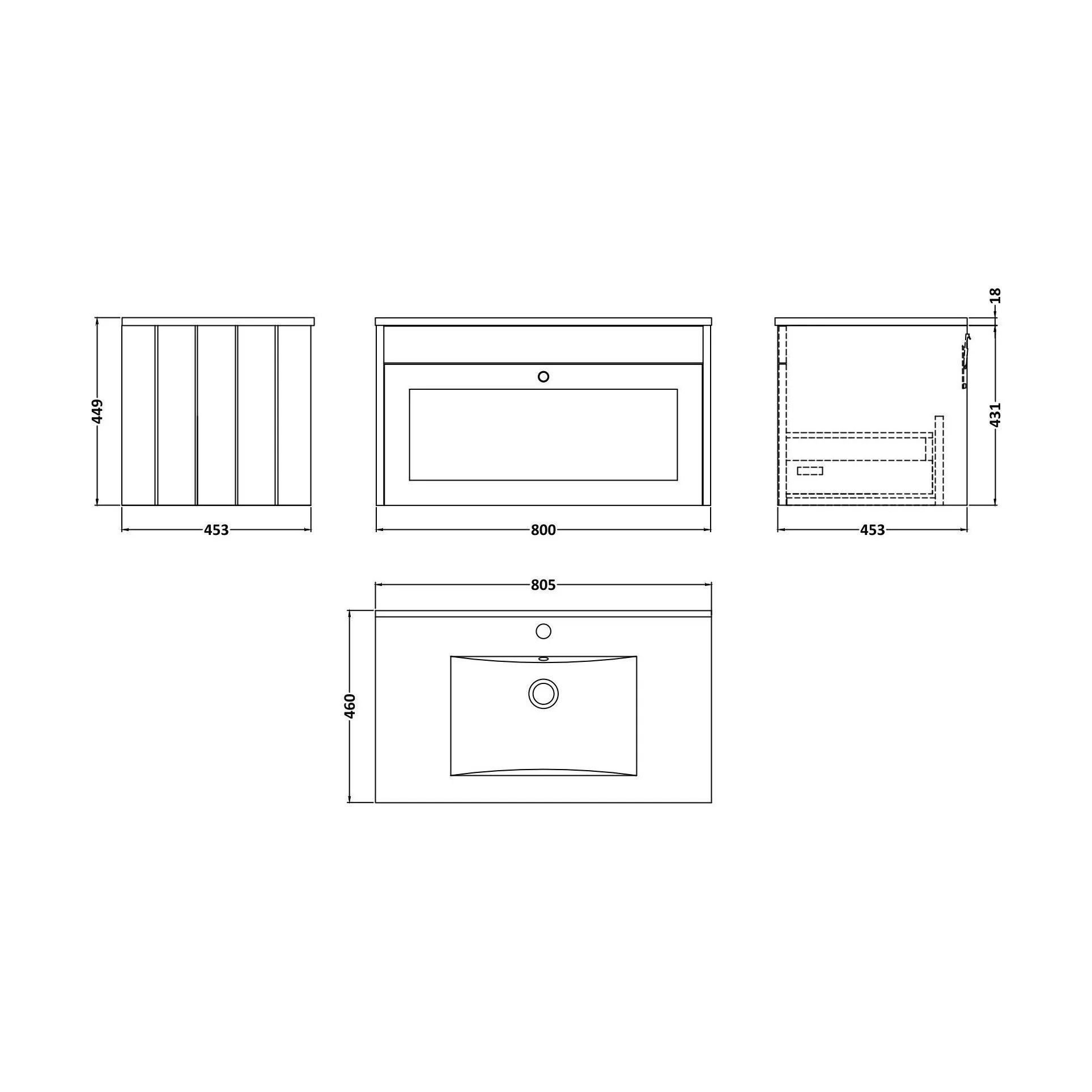 Balterley 800mm Wall Hung 1 Drawer Unit with Minimalist Basin 1 Tap Hole - Satin White - Image 2