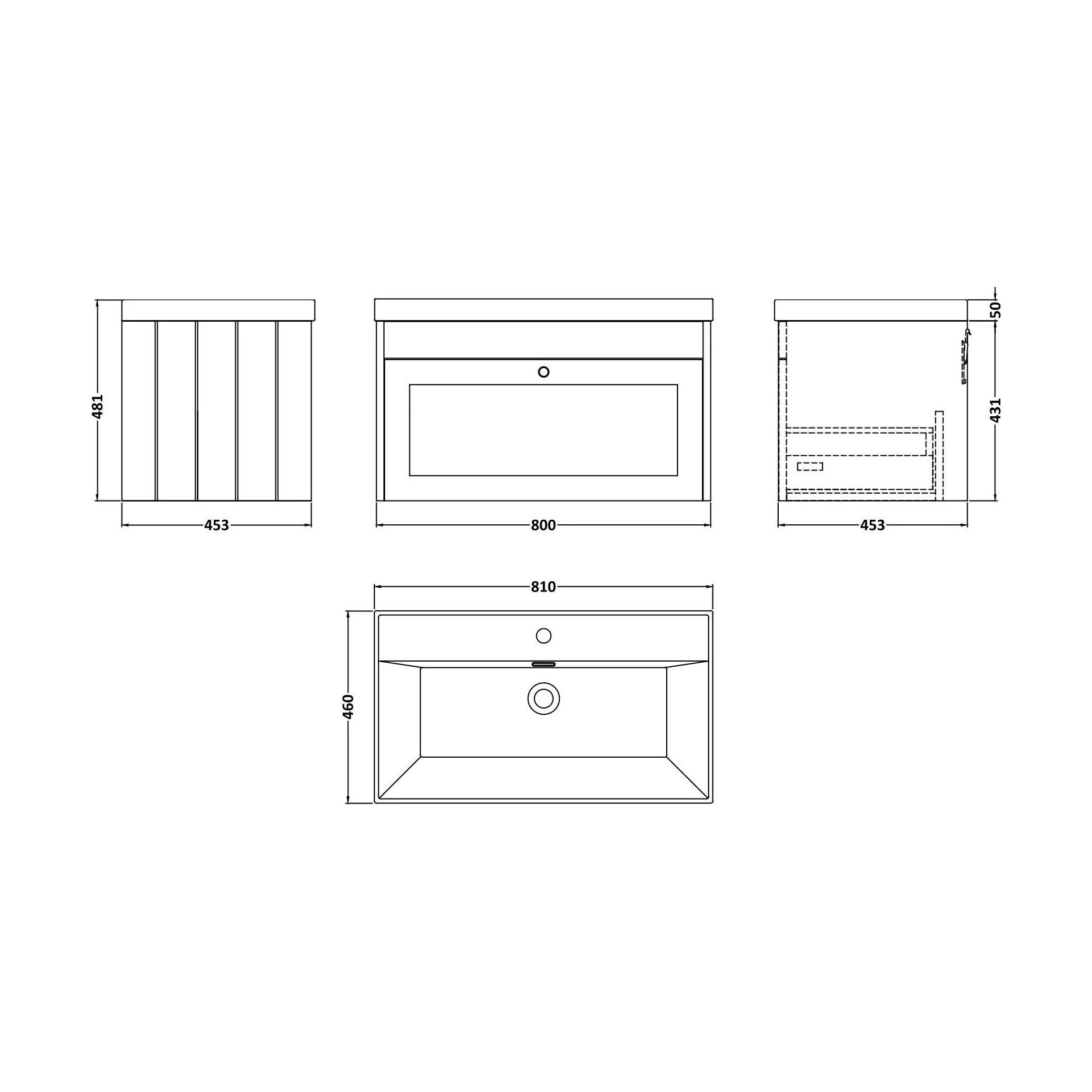 Balterley 800mm Wall Hung 1 Drawer Unit with Thin Edge Basin 1 Tap Hole - Satin White - Image 2