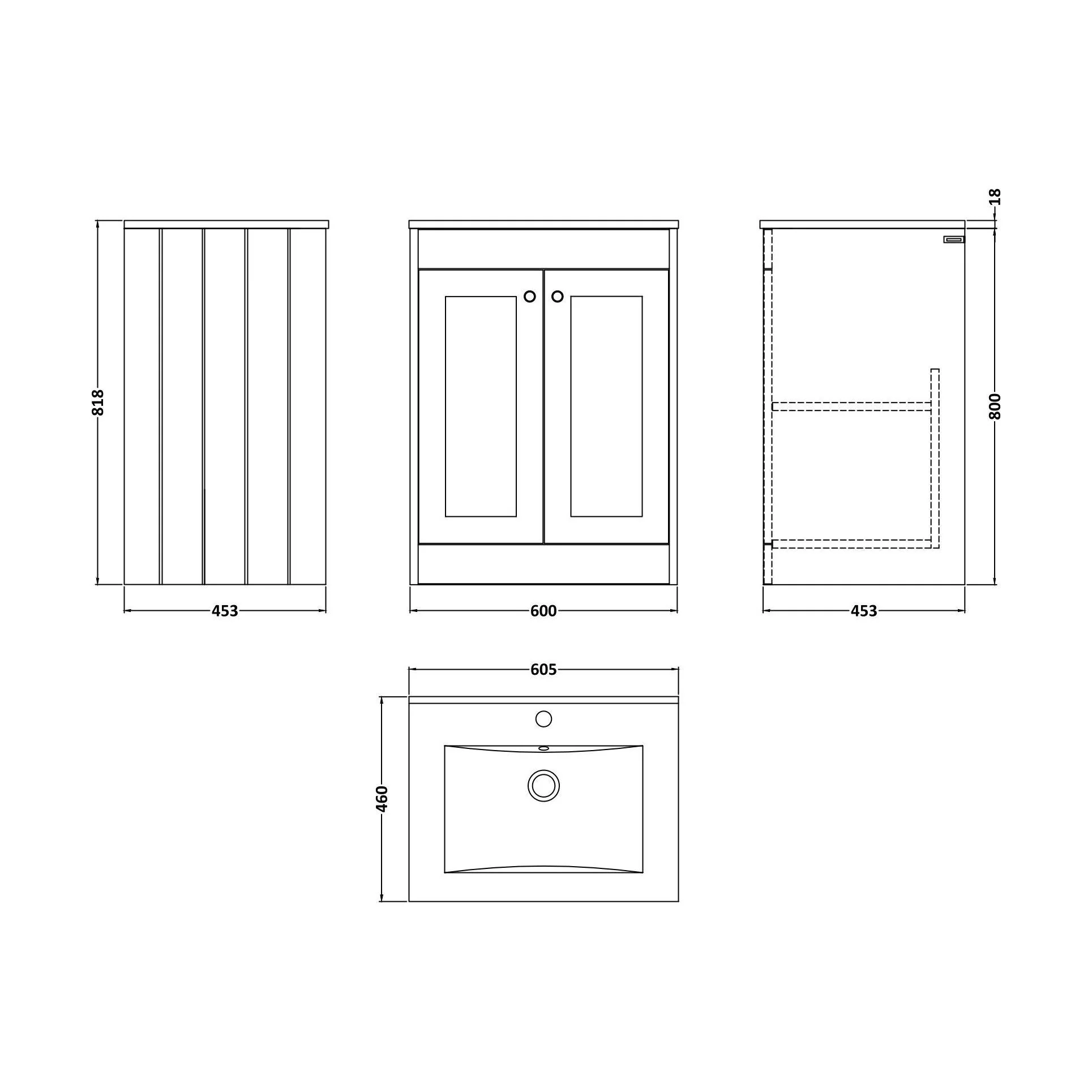 Balterley 600mm Floor Standing 2 Door Unit with Minimalist Basin 1 Tap Hole - Satin Grey - Image 2