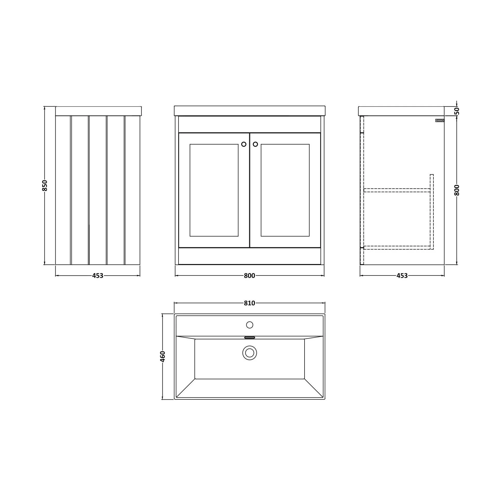 Balterley 800mm Floor Standing 2 Door Unit with Thin Edge Basin 1 Tap Hole - Satin Grey - Image 2