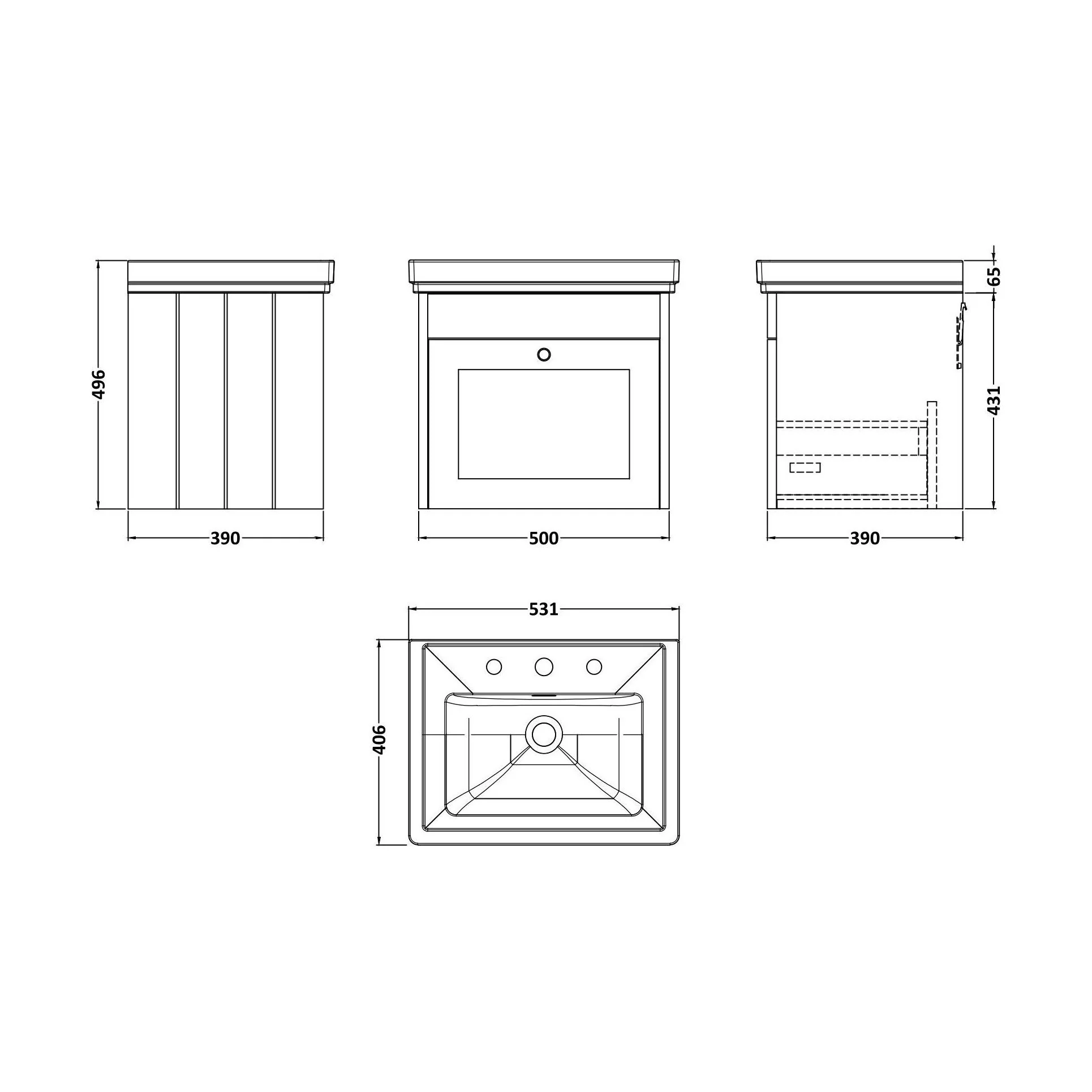 Balterley 500mm Wall Hung 1 Drawer Unit with Classic Basin 3 Tap Hole - Satin Grey - Image 2