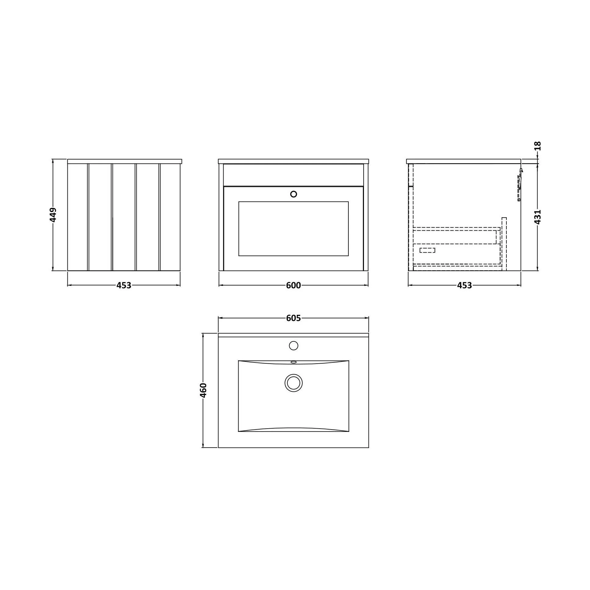 Balterley 600mm Wall Hung 1 Drawer Unit with Minimalist Basin 1 Tap Hole - Satin Grey - Image 2