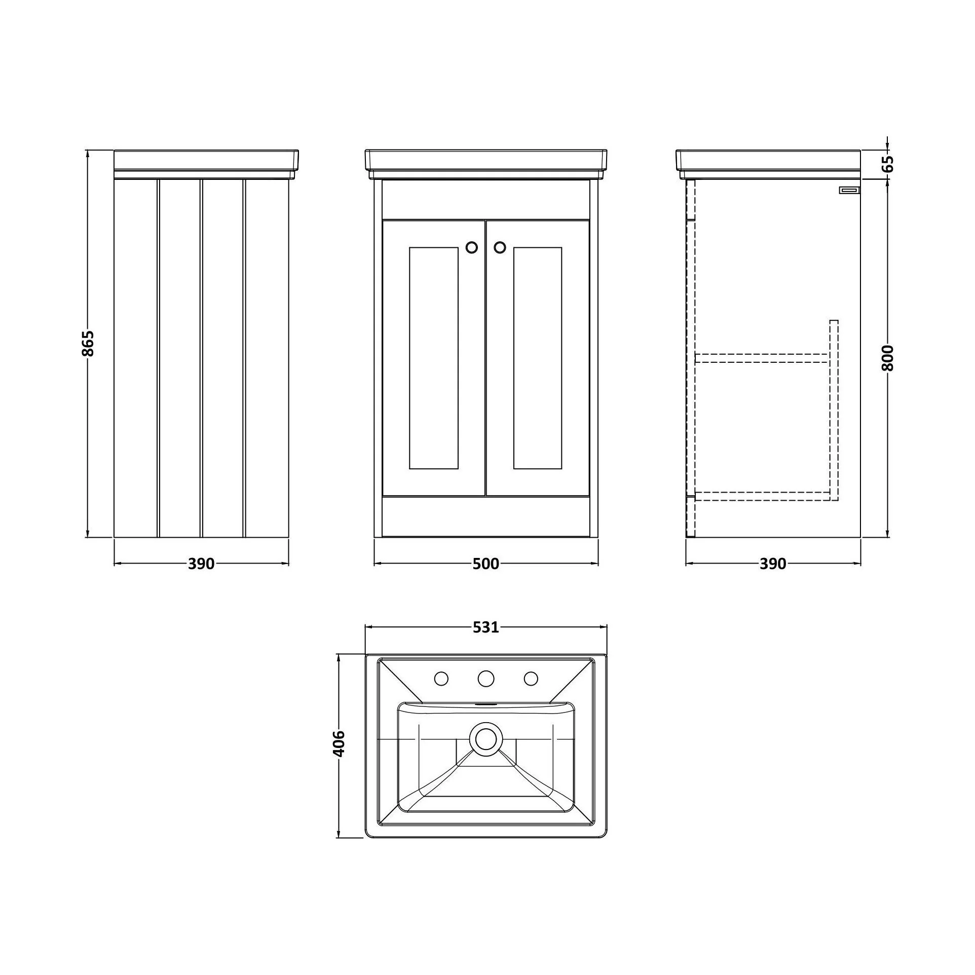 Balterley 500mm Floor Standing 2 Door Unit with Classic Basin 3 Tap Hole - Pebble Grey - Image 2