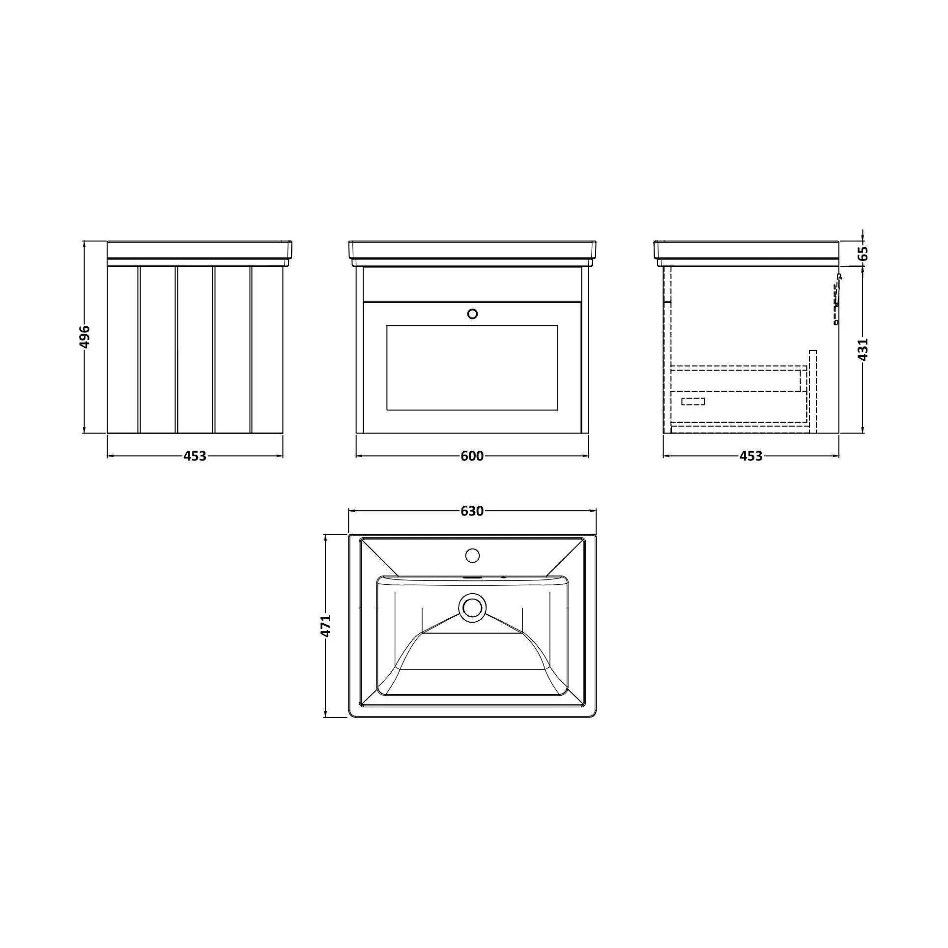 Balterley 600mm Wall Hung 1 Drawer Unit with Classic Basin 1 Tap Hole - Pebble Grey - Image 2