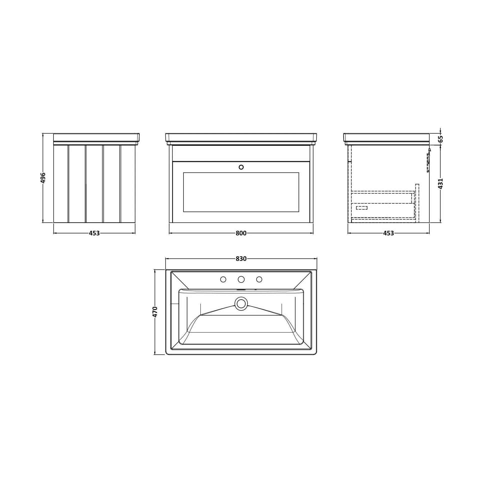 Balterley 800mm Wall Hung 1 Drawer Unit with Classic Basin 3 Tap Hole - Pebble Grey - Image 2