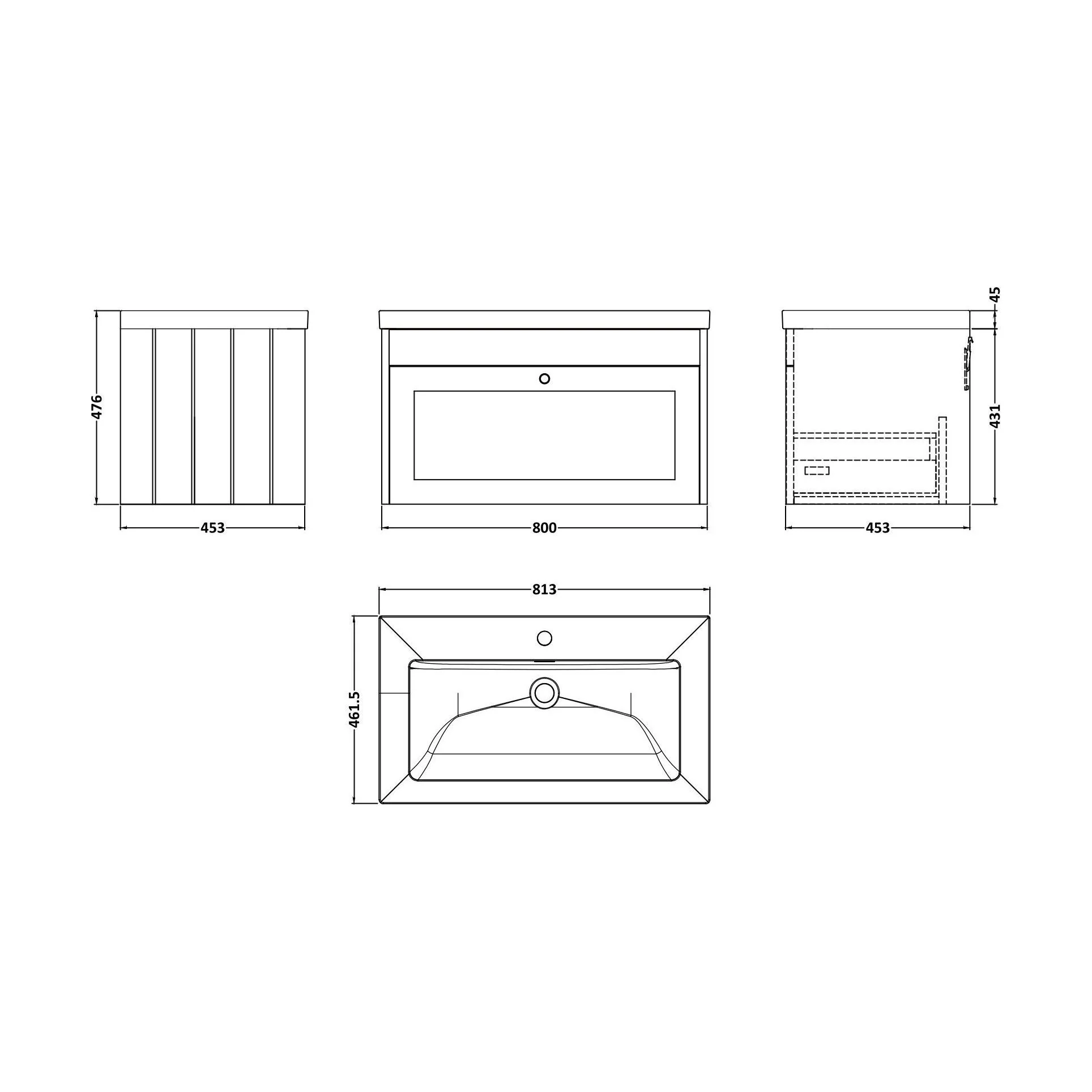 Balterley 800mm Wall Hung 1 Drawer Unit with Minimalist Basin No Tap Hole - Pebble Grey - Image 2