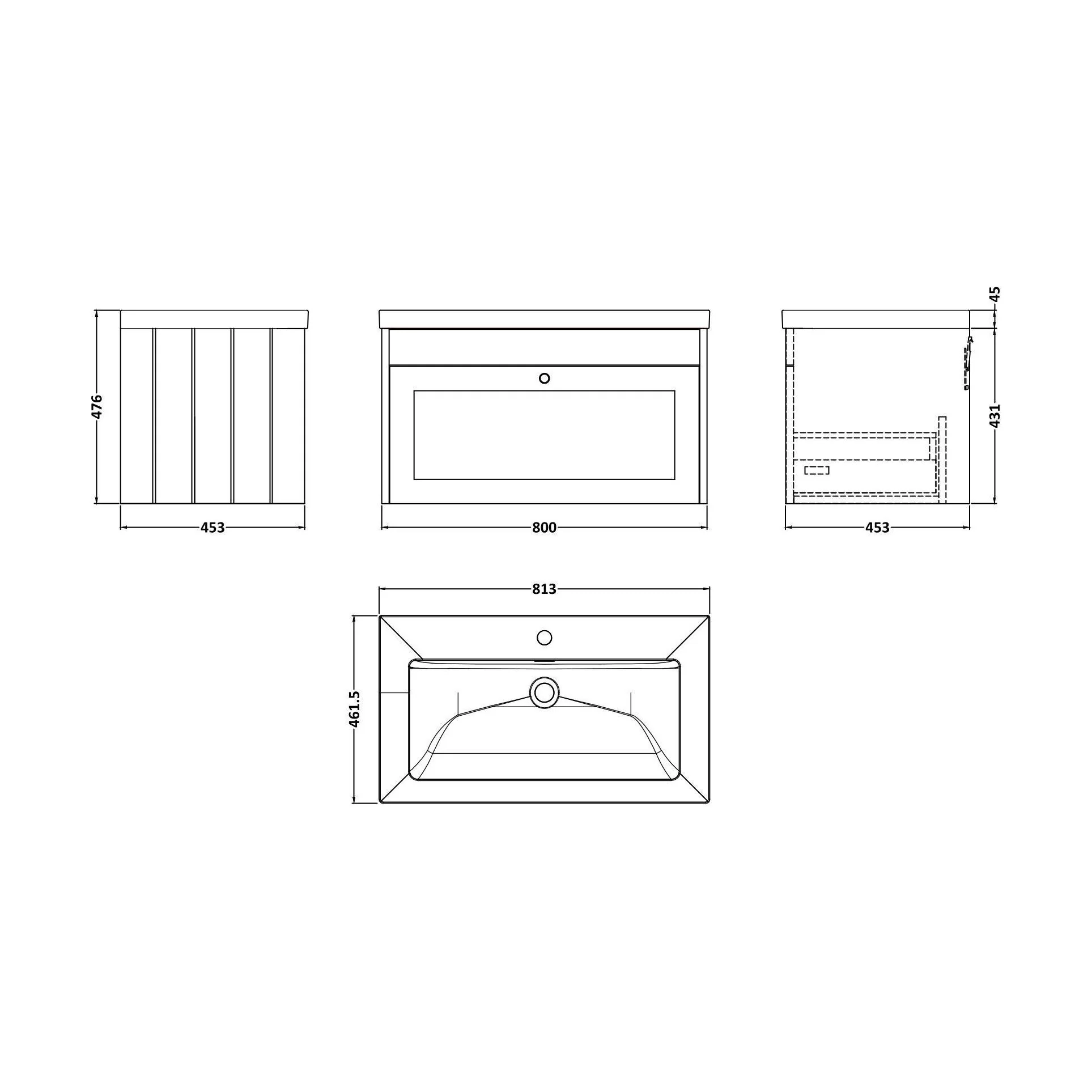 Balterley 800mm Wall Hung 1 Drawer Unit & Minimalist Basin 1 Tap Hole - Pebble Grey - Image 2