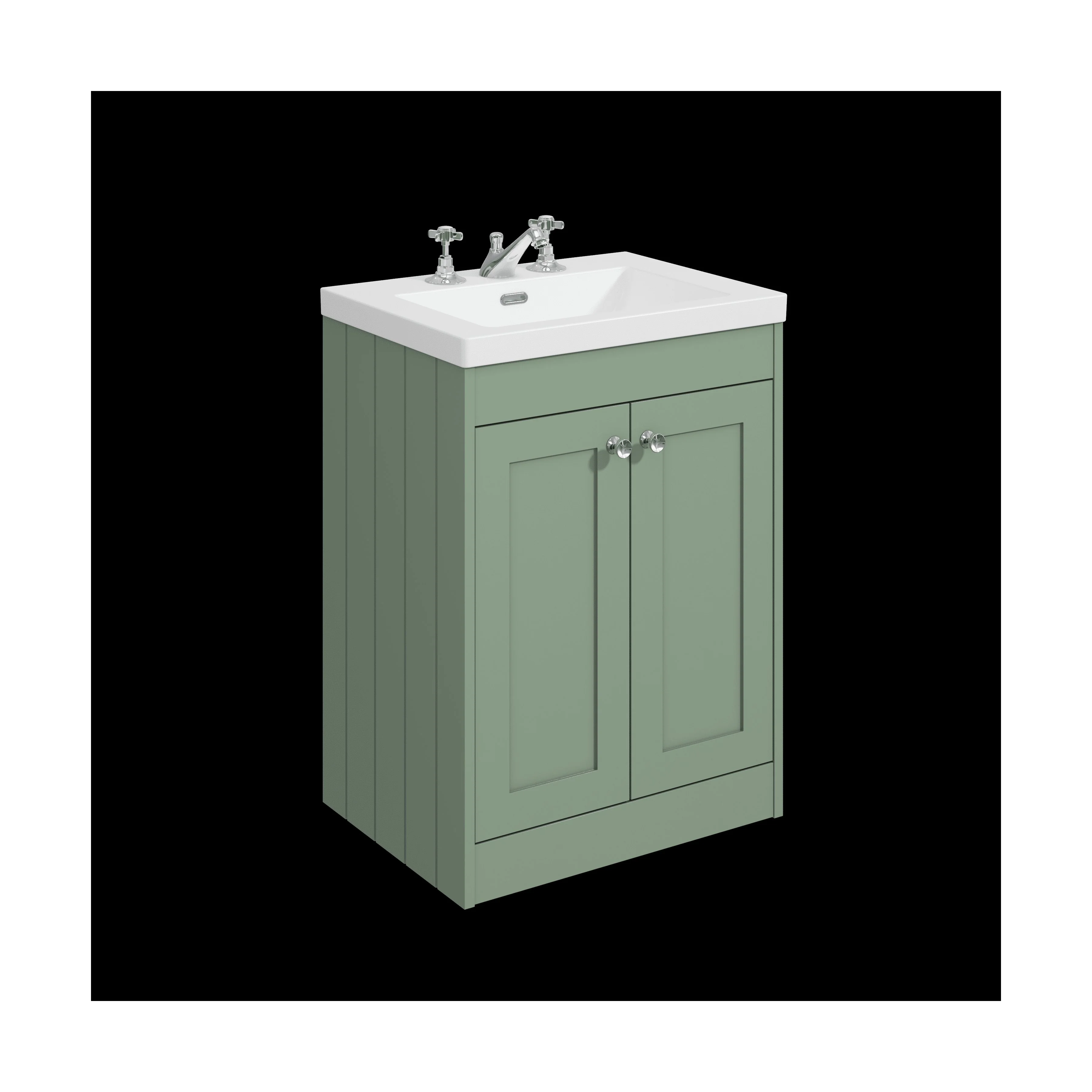 Balterley 600mm Floor Standing 2 Door Unit with Minimalist Basin 3 Tap Hole - Satin Green