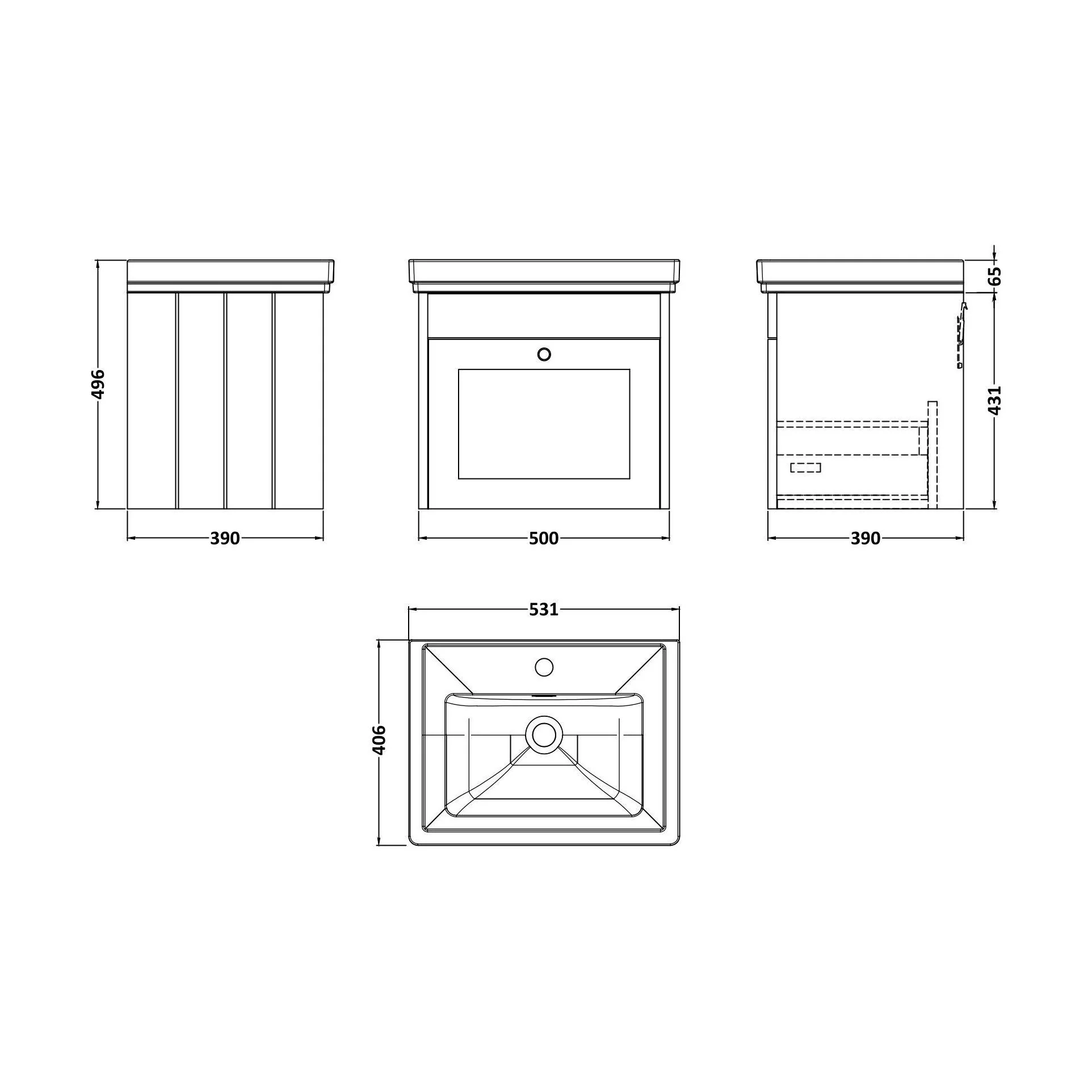 Balterley 500mm Wall Hung 1 Drawer Unit with Classic Basin 1 Tap Hole - Satin Green - Image 2
