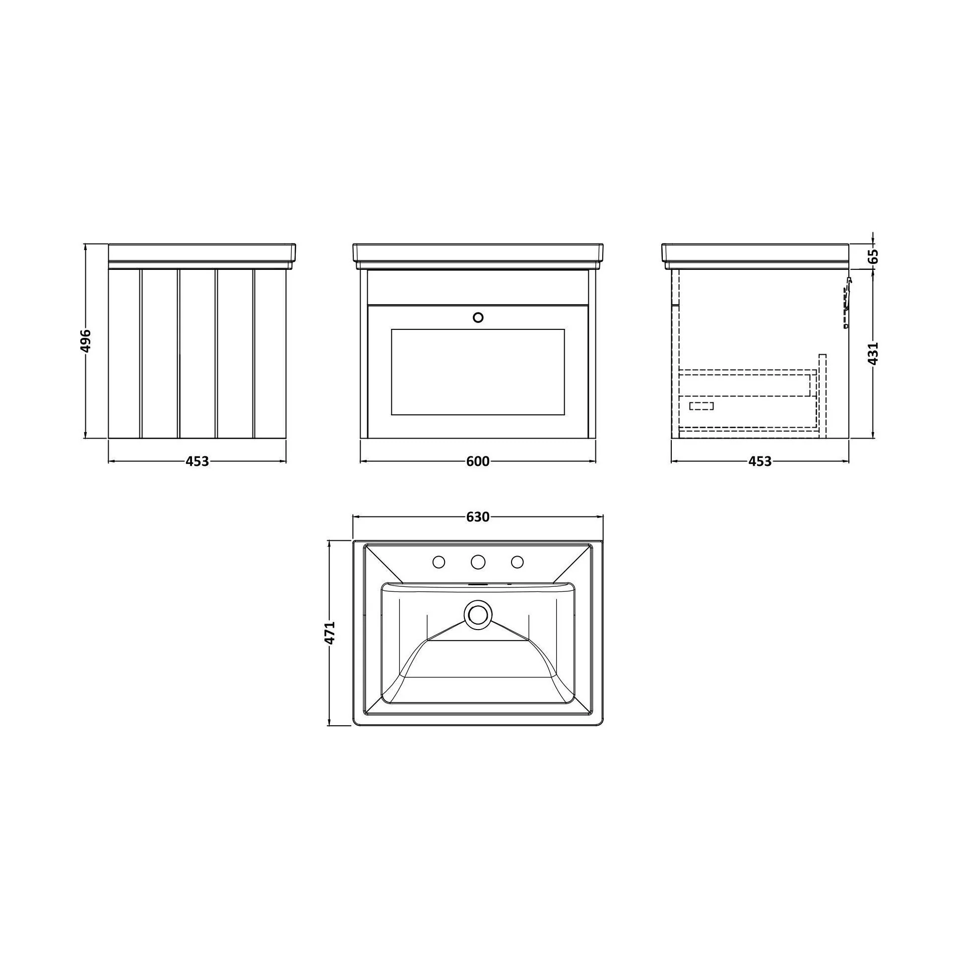 Balterley 600mm Wall Hung 1 Drawer Unit with Classic Basin 3 Tap Hole - Satin Green - Image 2