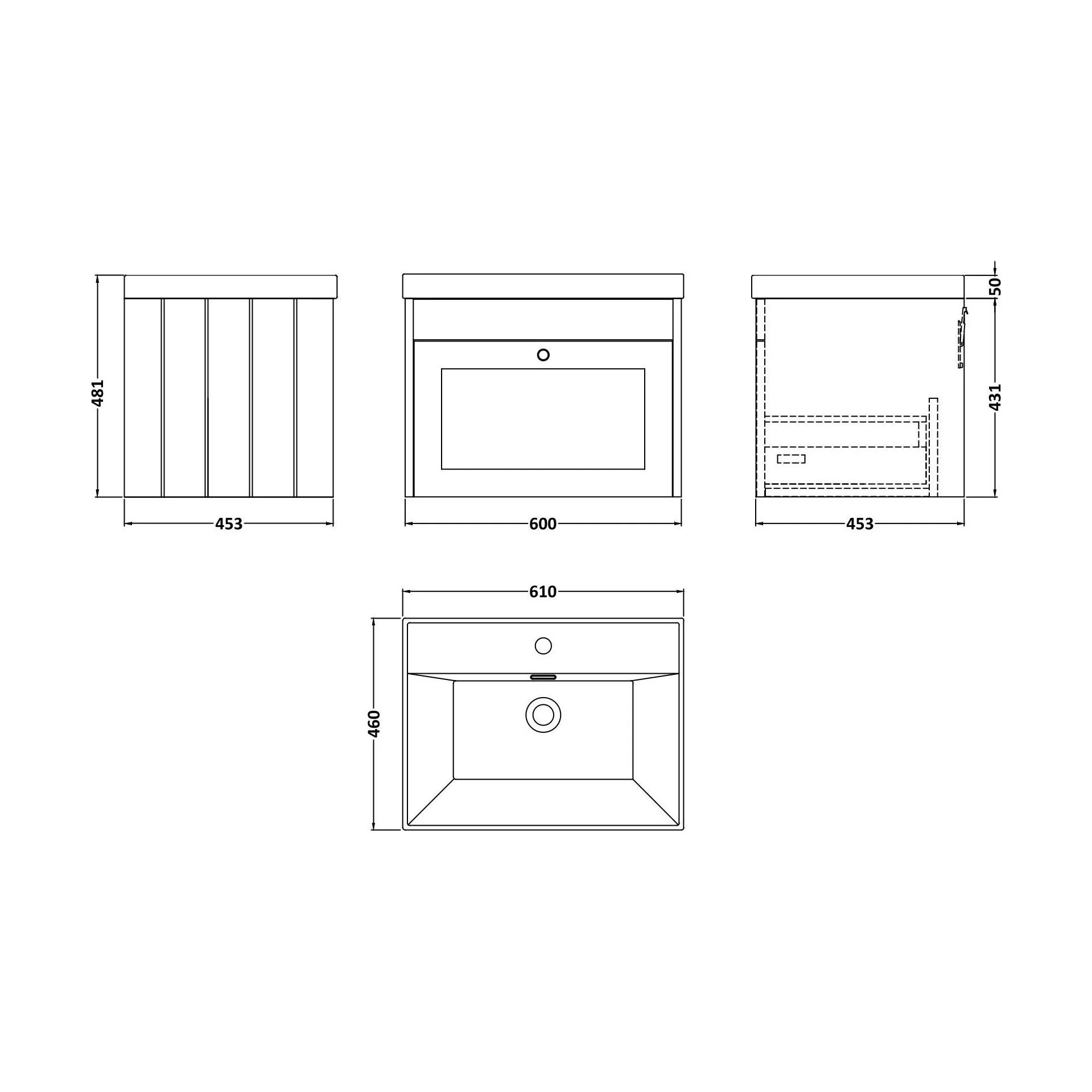 Balterley 600mm Wall Hung 1 Drawer Unit with Thin Edge Basin 1 Tap Hole - Satin Green - Image 2