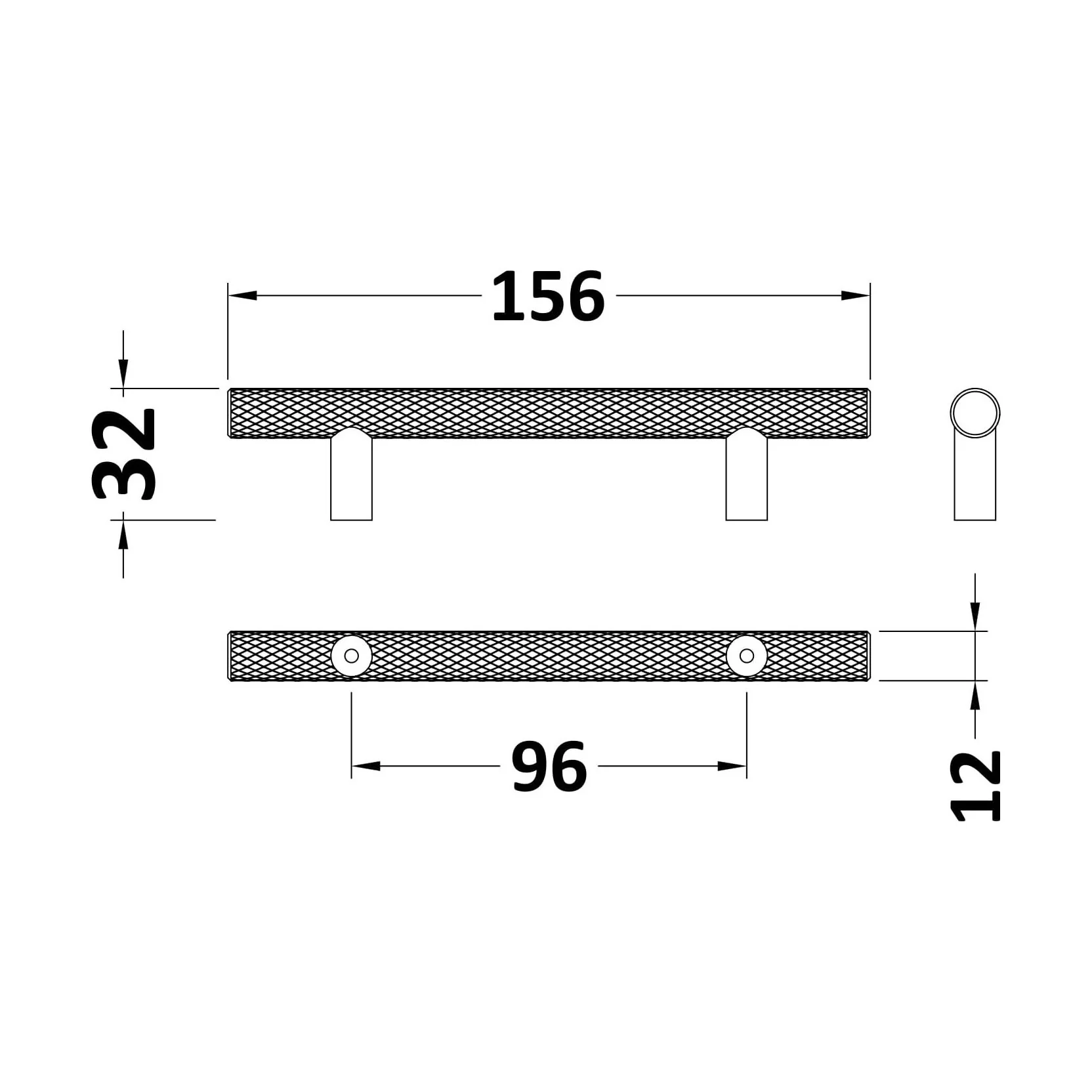 Furniture Handle Textured Knurled Bar Handle, 156mm (96mm Centres) - Satin Chrome - Image 2