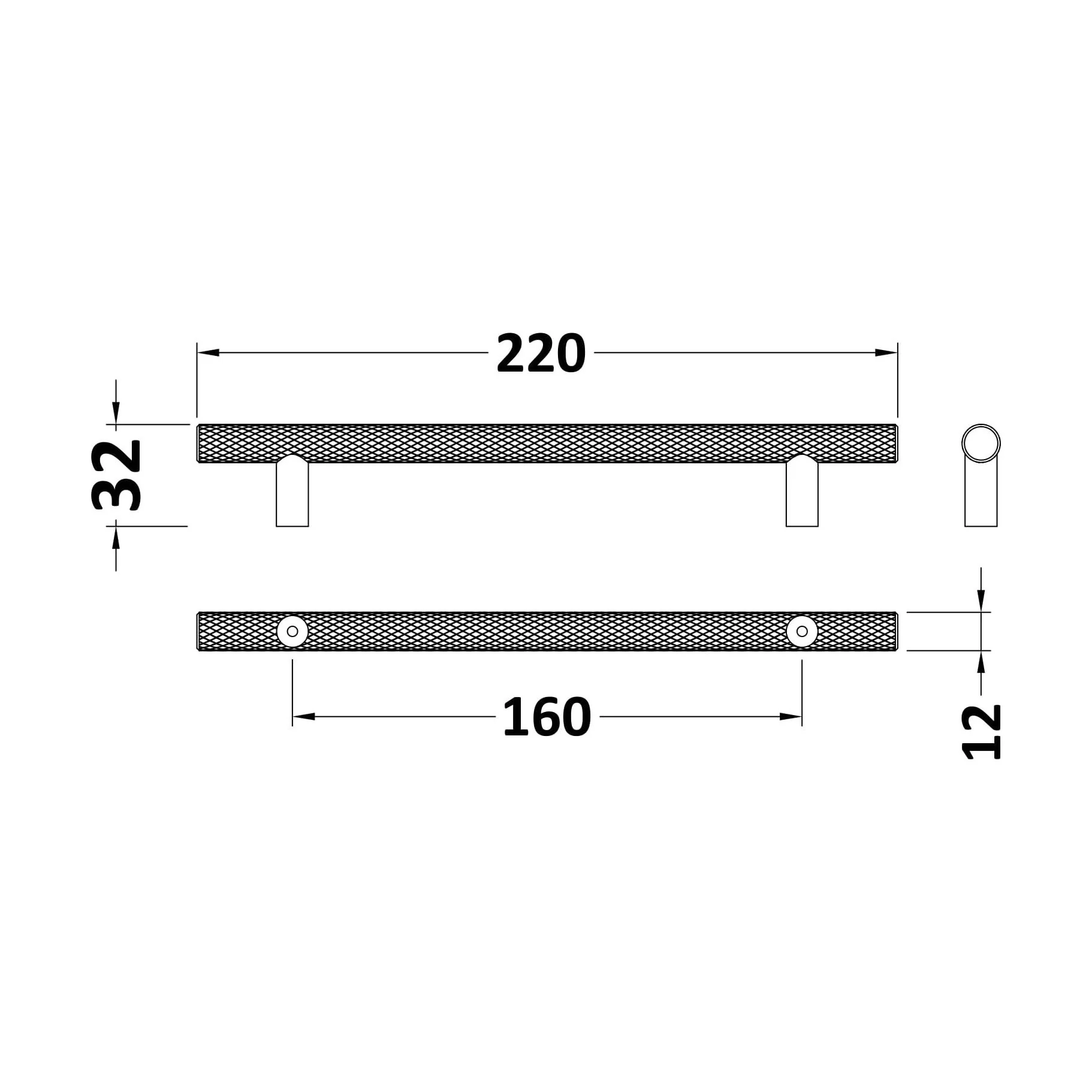 Furniture Handle Textured Knurled Bar Handle, 220mm (160mm Centres) - Satin Chrome