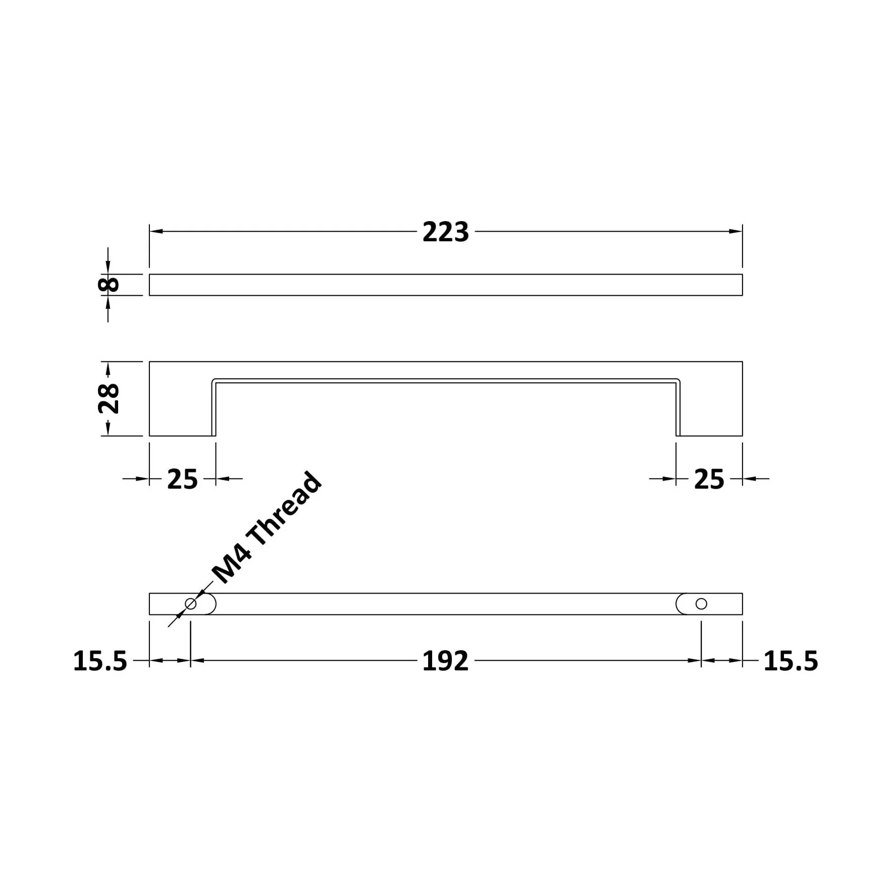 Furniture Handle Square D Shape Handle, 223mm (192mm Centres) - Matt Black - Image 2