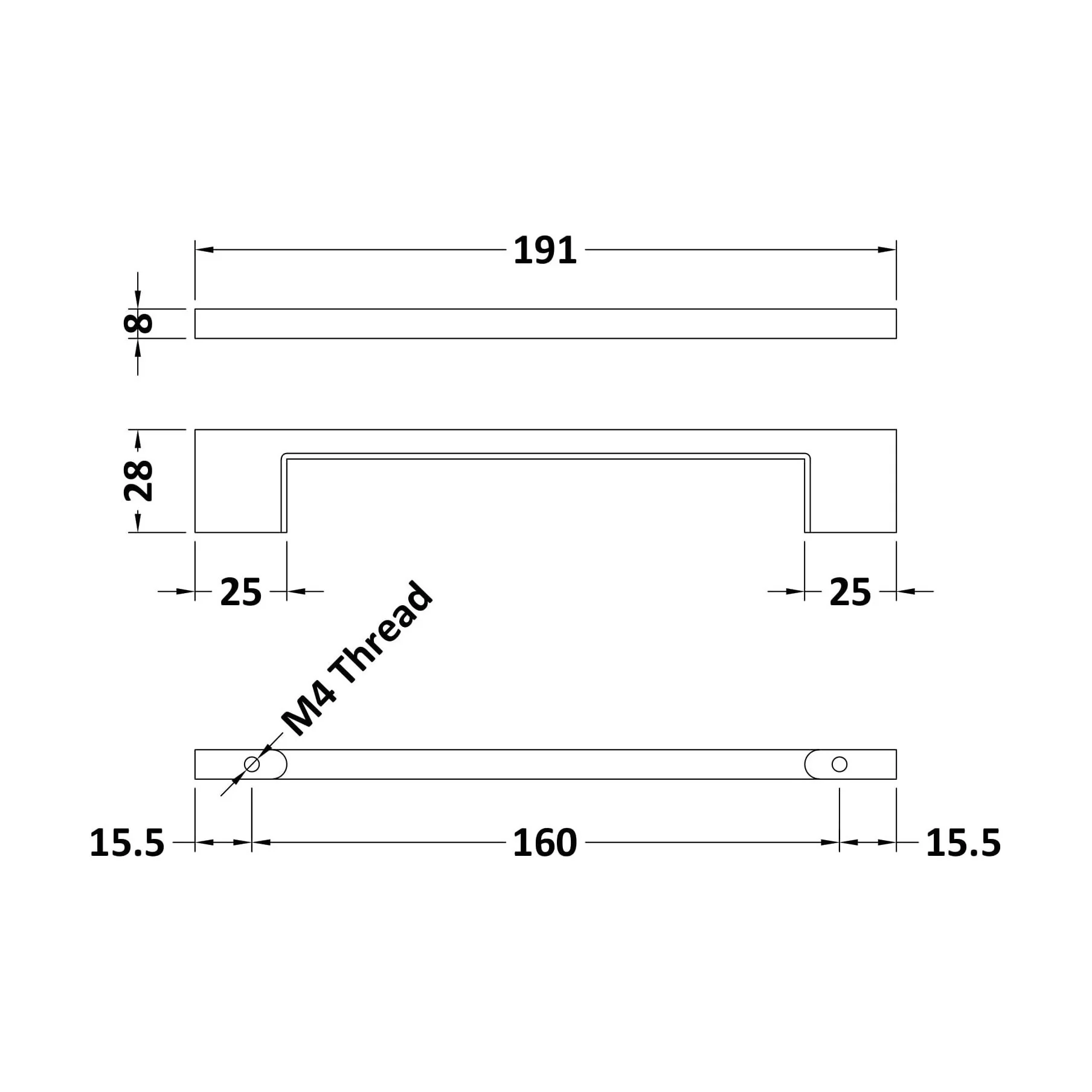 Furniture Handle Square D Shape Handle, 191mm (160mm Centres) - Matt Black - Image 2
